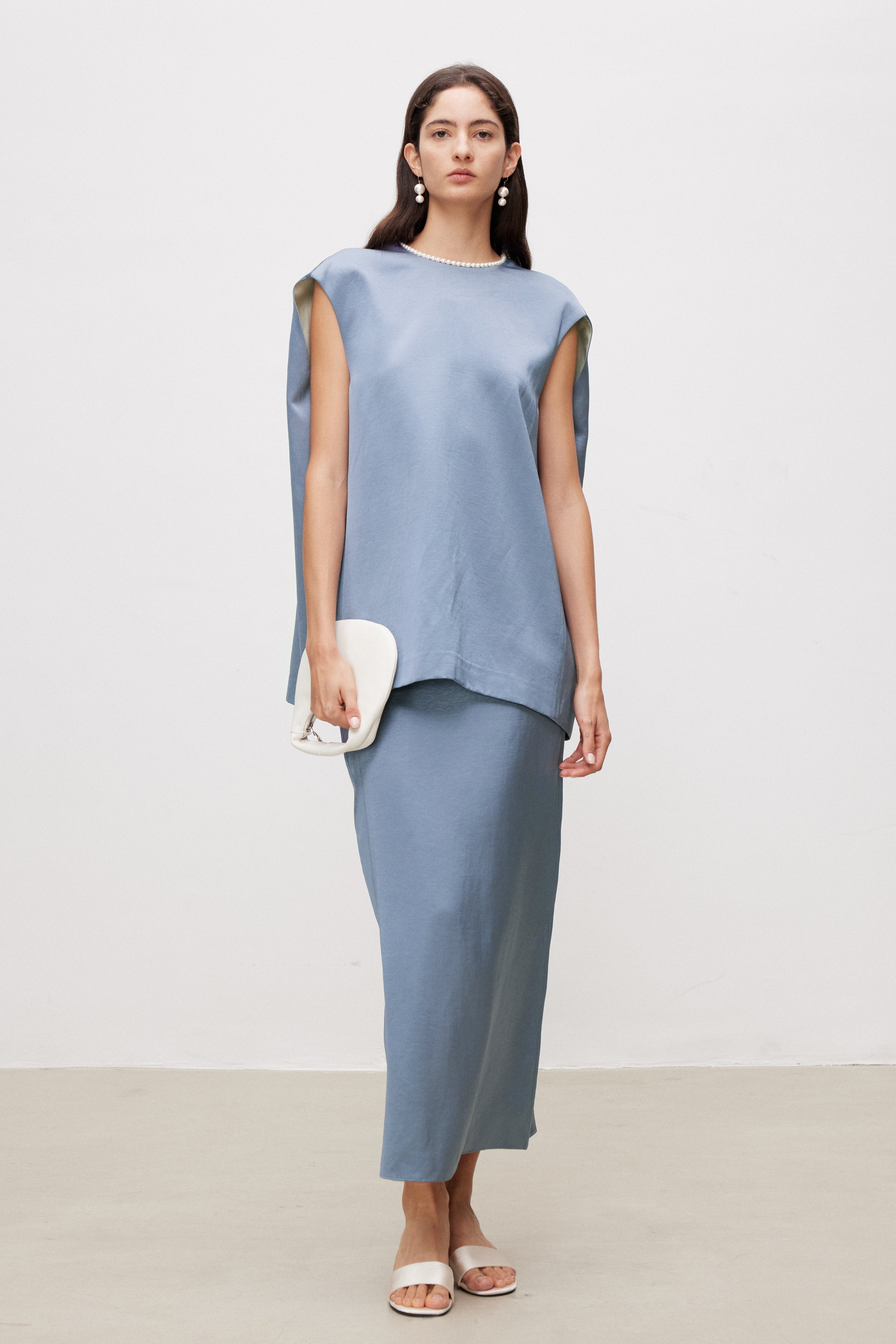 Pearl Sheen Acetate Linen Blend Straight Midi Skirt