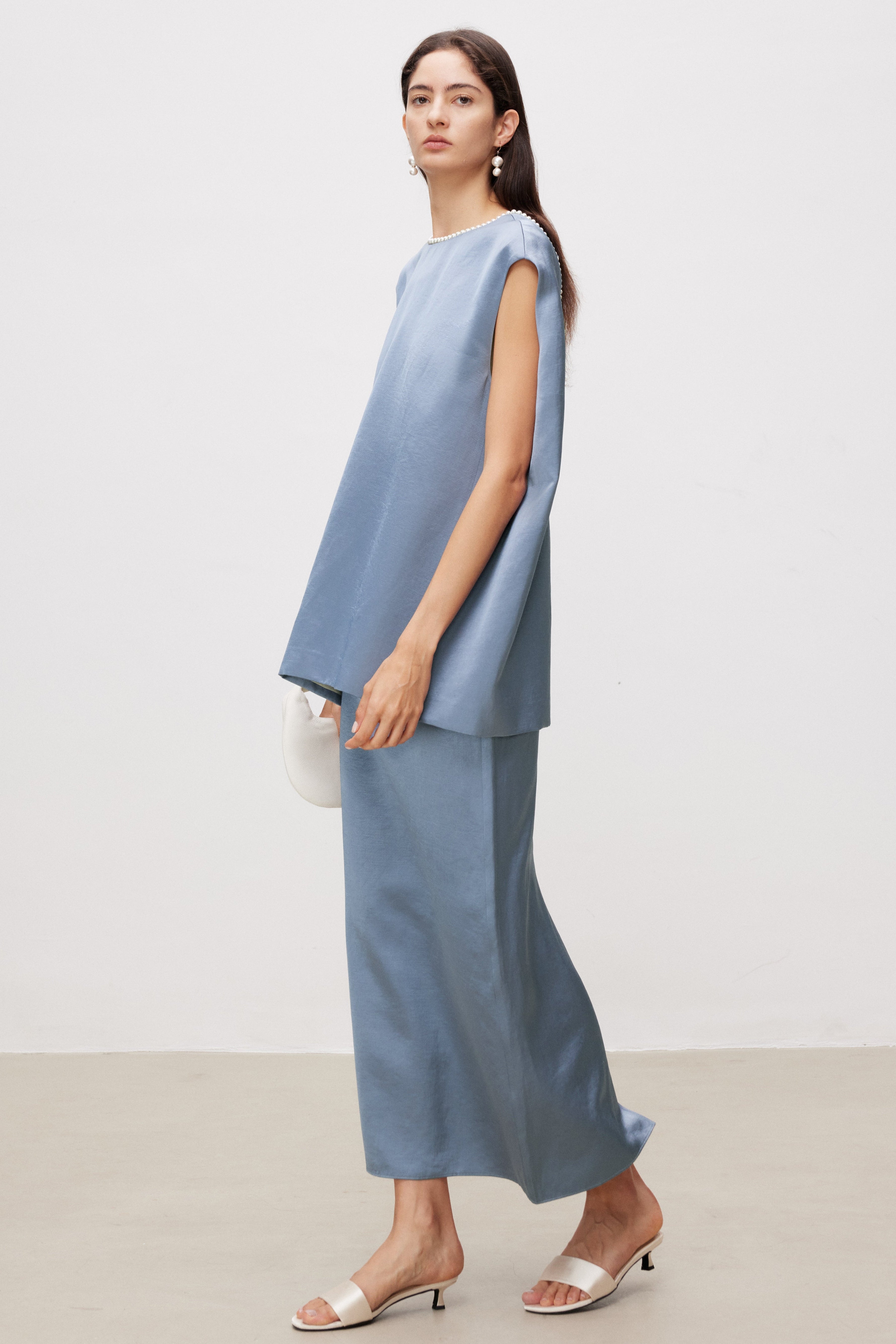 Pearl Sheen Acetate Linen Blend Straight Midi Skirt
