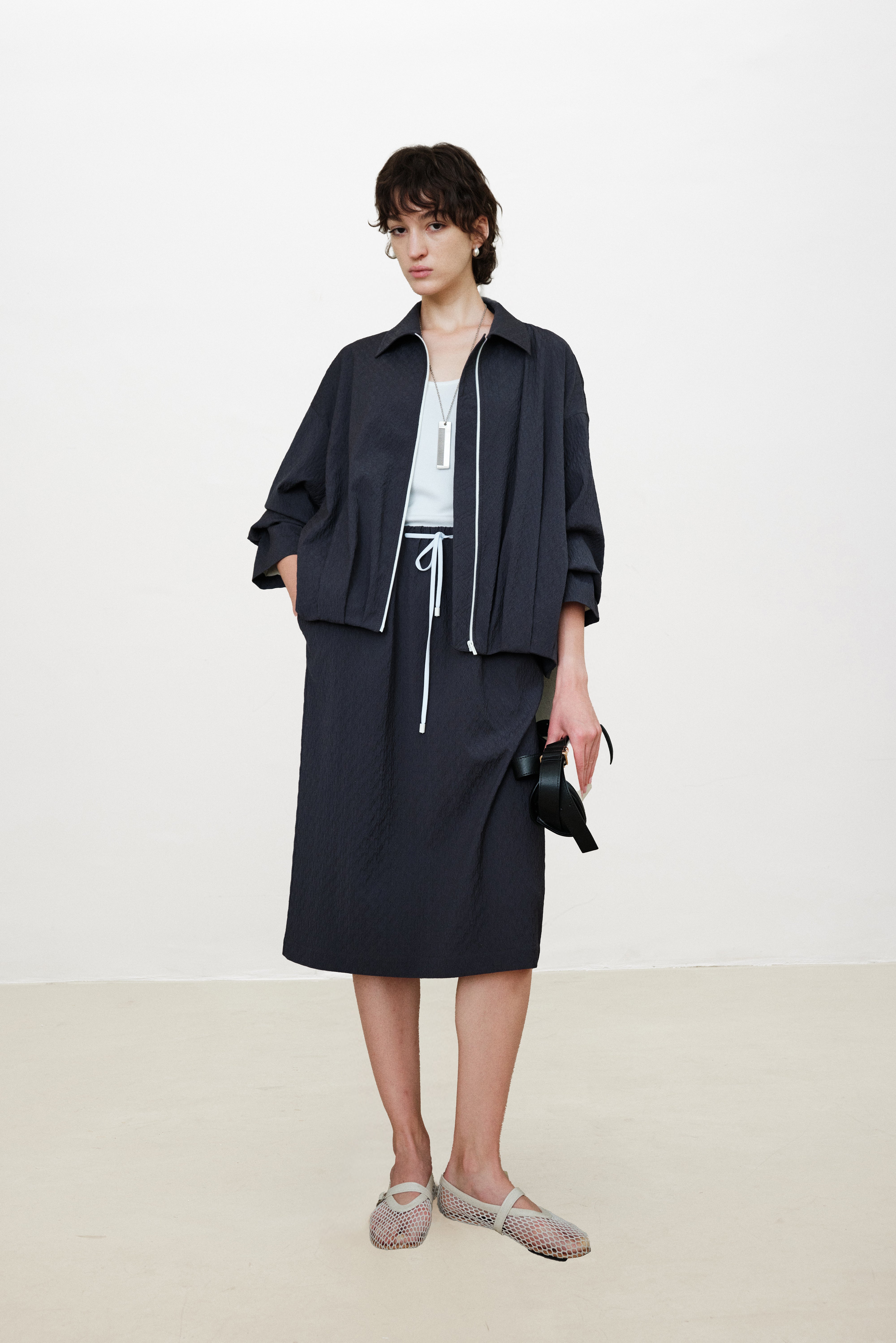 Wool Seersucker Midi Skirt