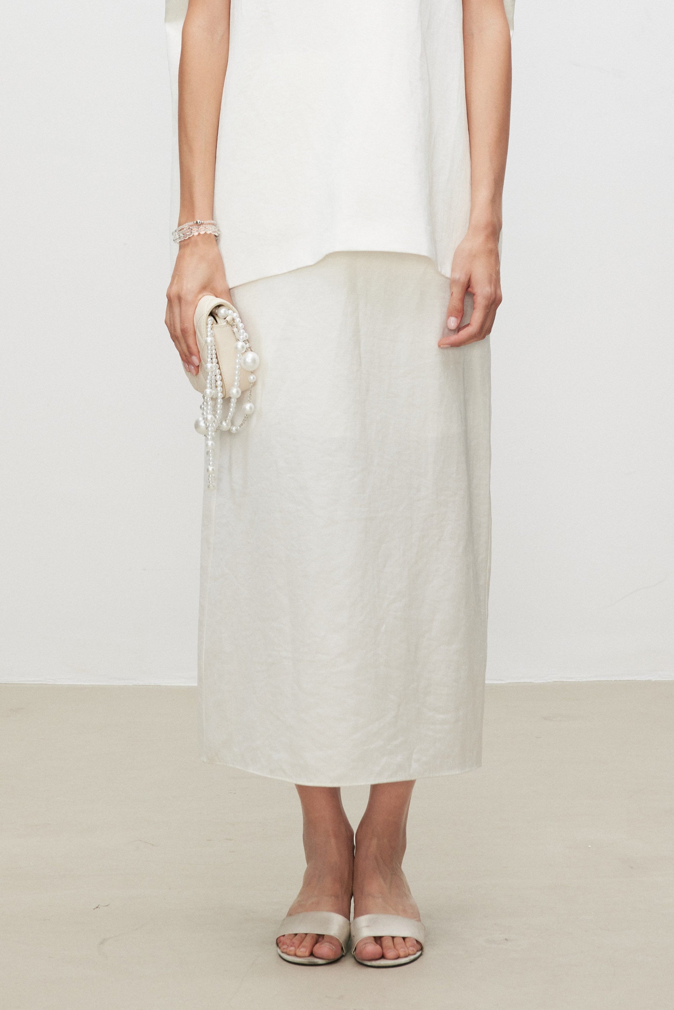 Pearl Sheen Acetate Linen Blend Straight Midi Skirt
