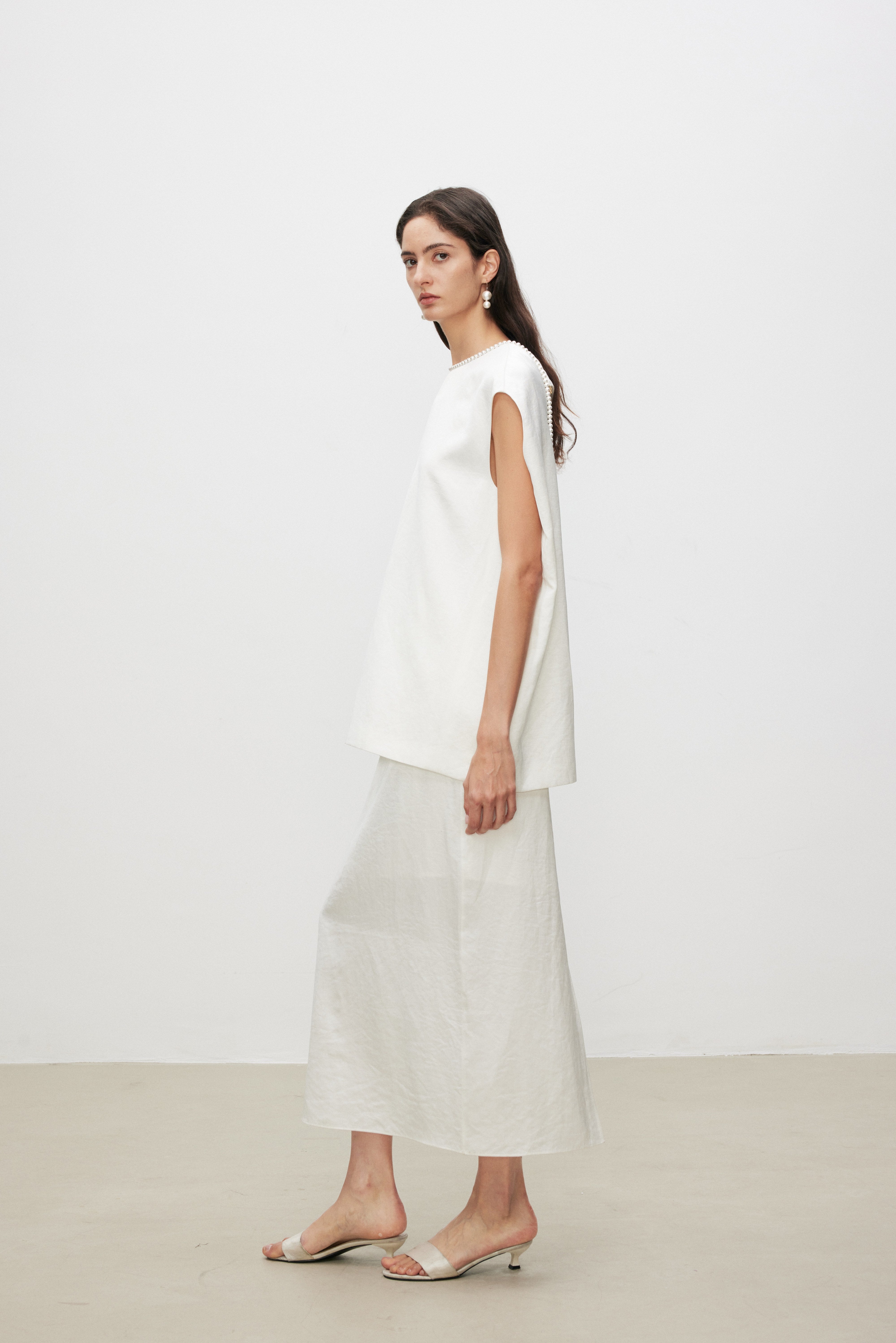 Pearl Sheen Acetate Linen Blend Straight Midi Skirt