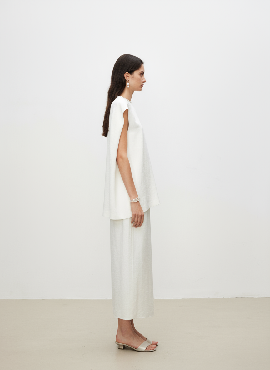 Pearl Sheen Acetate Linen Blend Straight Midi Skirt