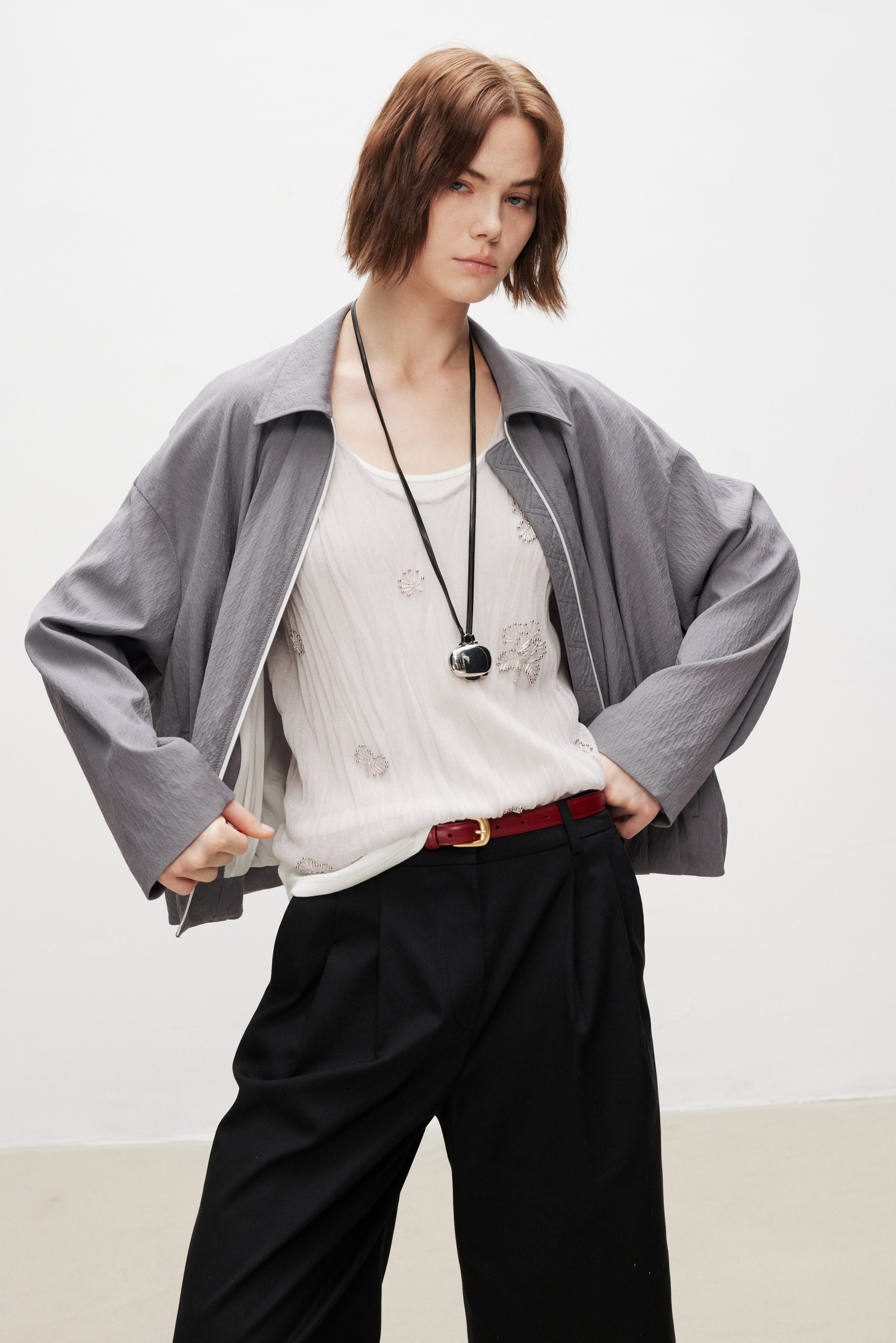 Wool Seersucker Relaxed Bomber Jacket