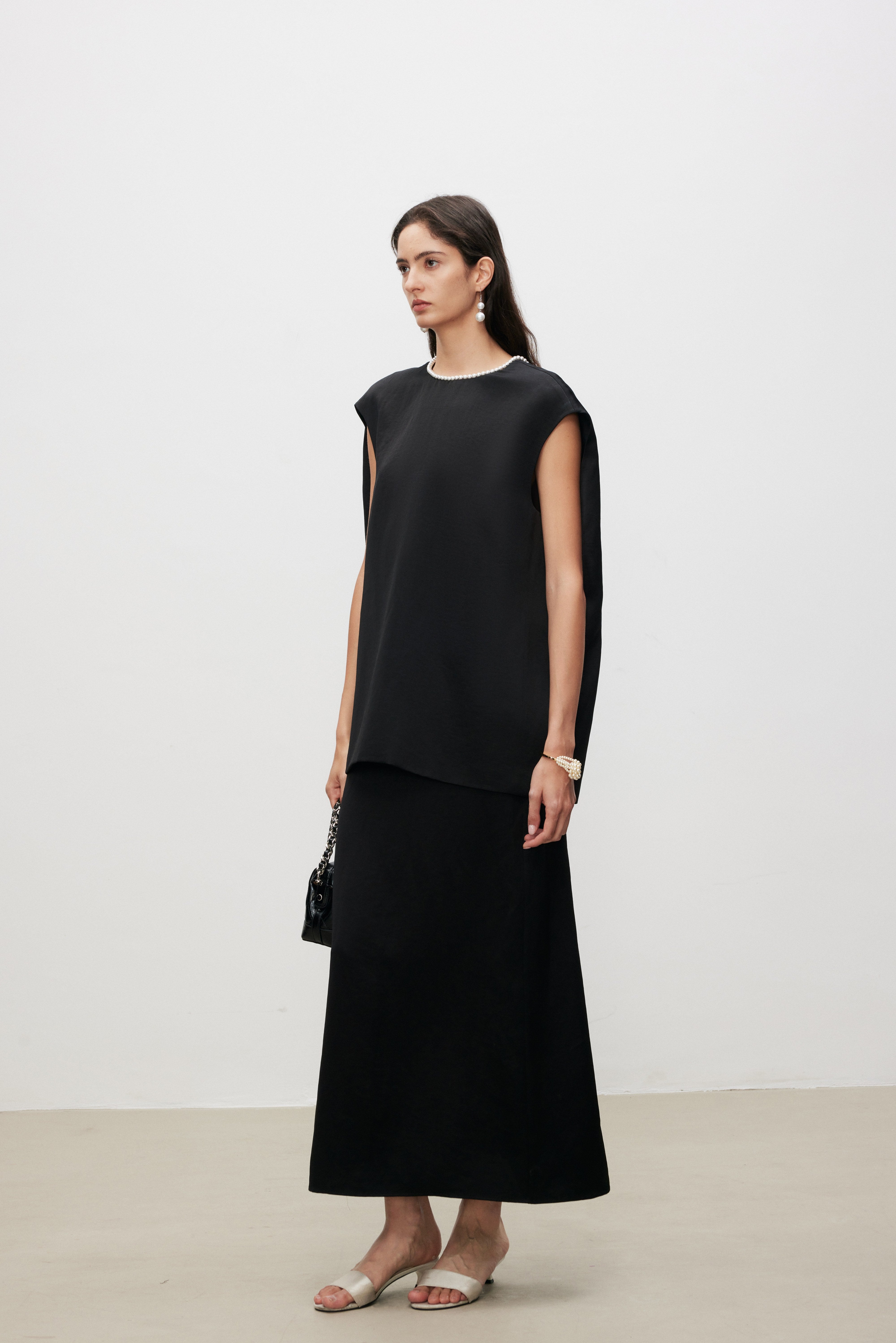 Pearl Sheen Acetate Linen Blend Straight Midi Skirt