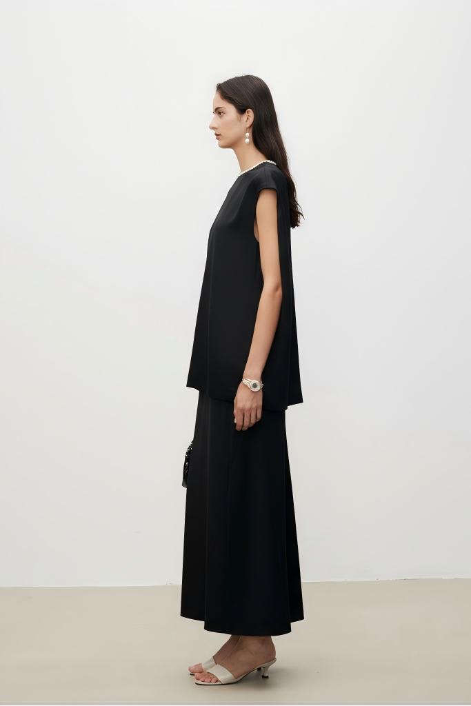 Pearl Sheen Acetate Linen Blend Straight Midi Skirt