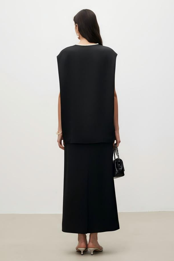 Pearl Sheen Acetate Linen Blend Straight Midi Skirt