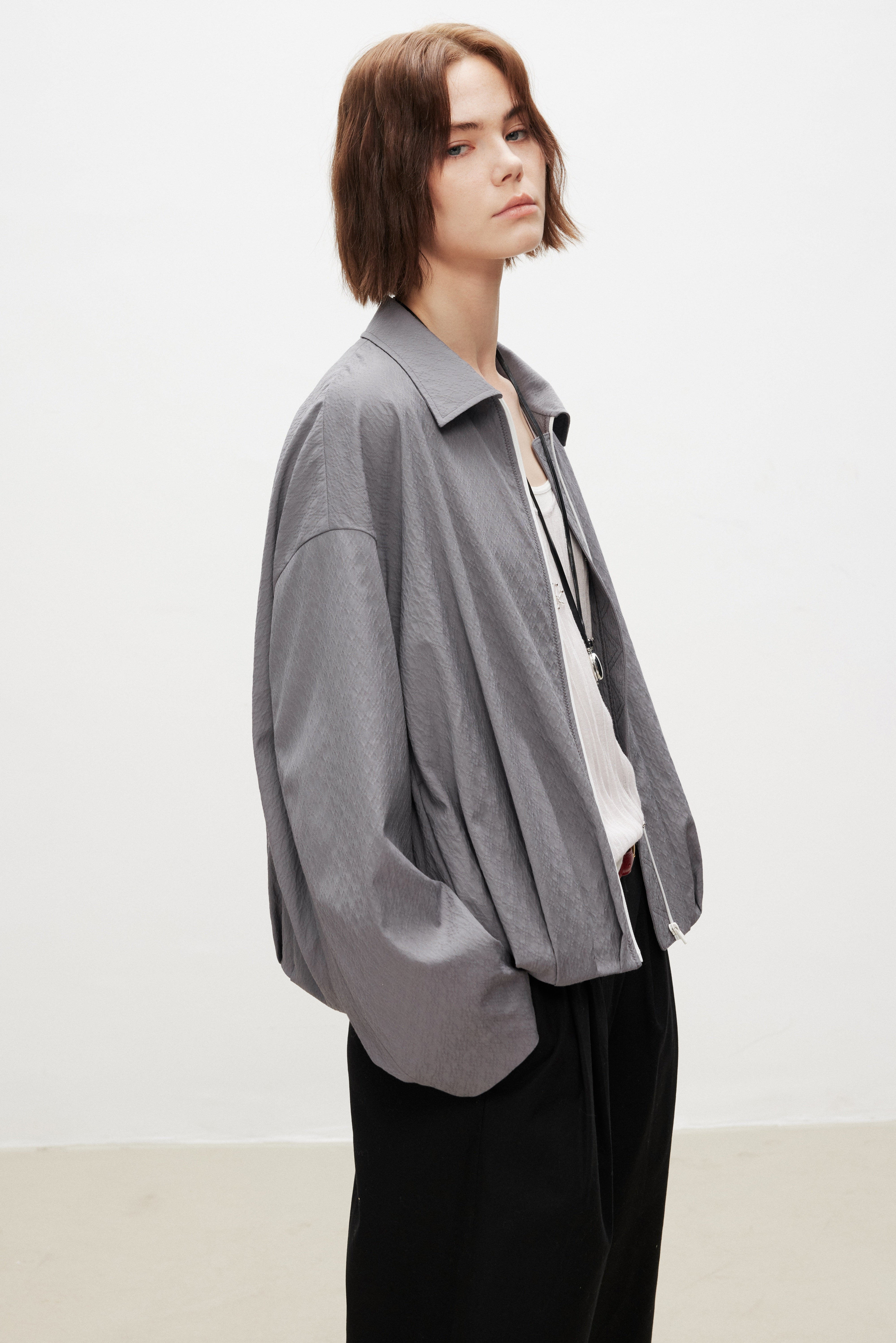 Wool Seersucker Relaxed Bomber Jacket