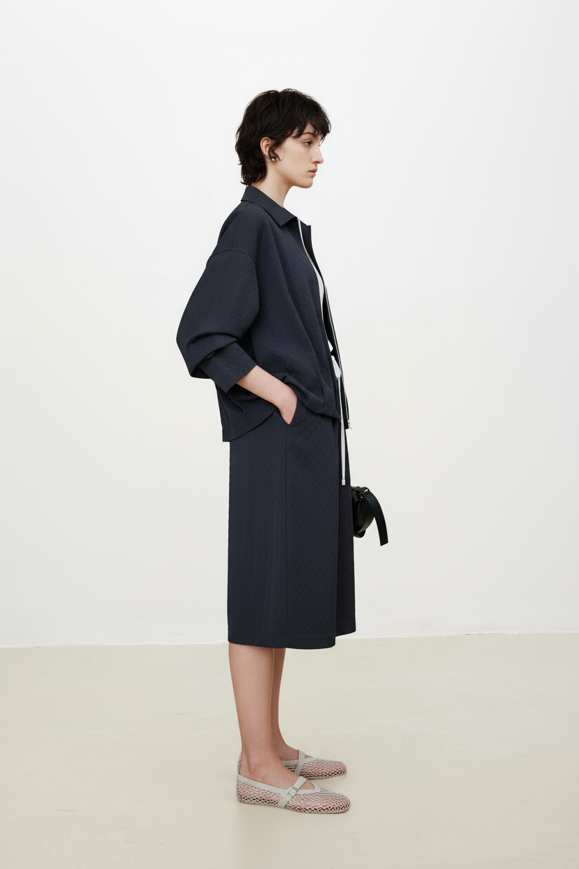 Wool Seersucker Midi Skirt