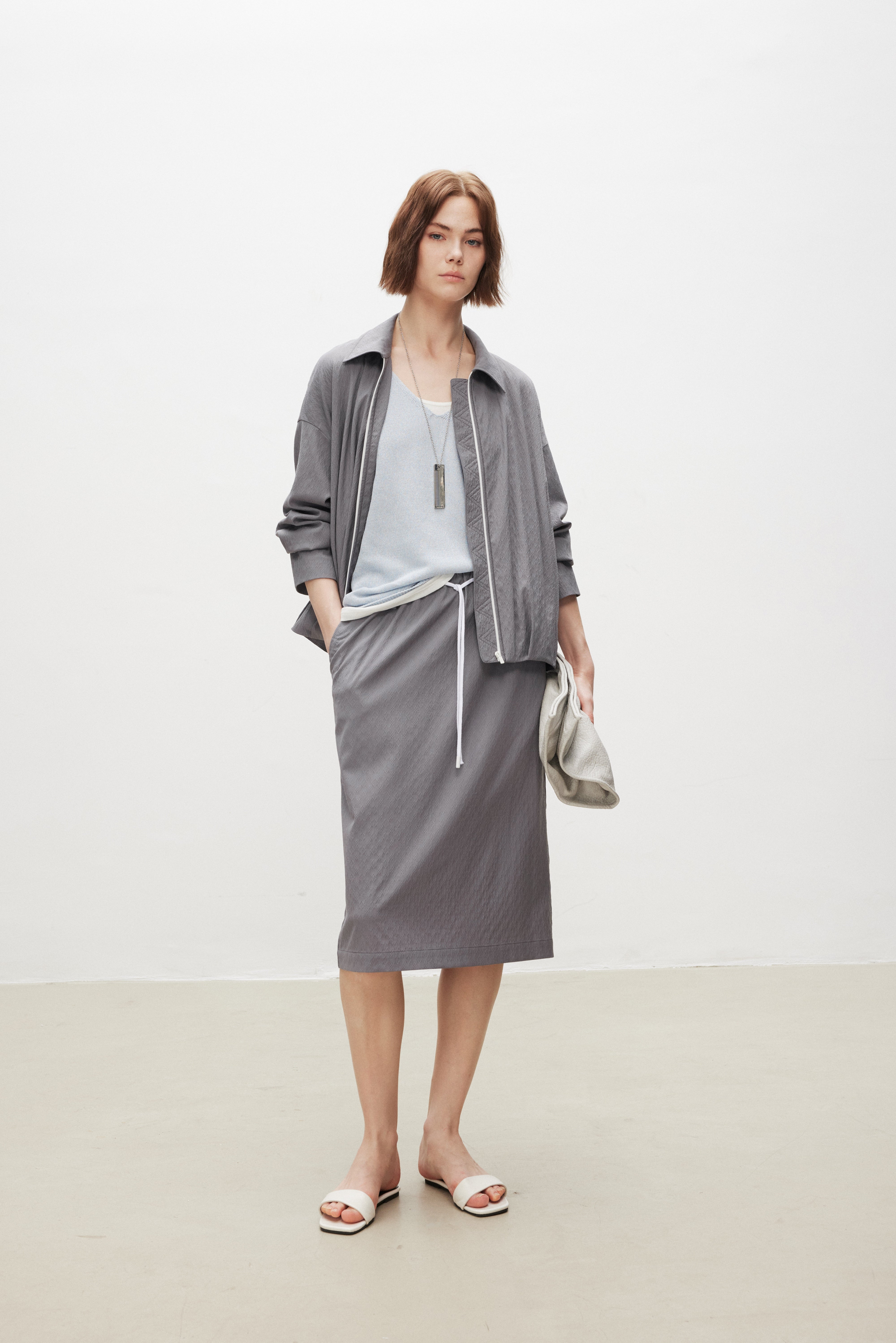 Wool Seersucker Midi Skirt