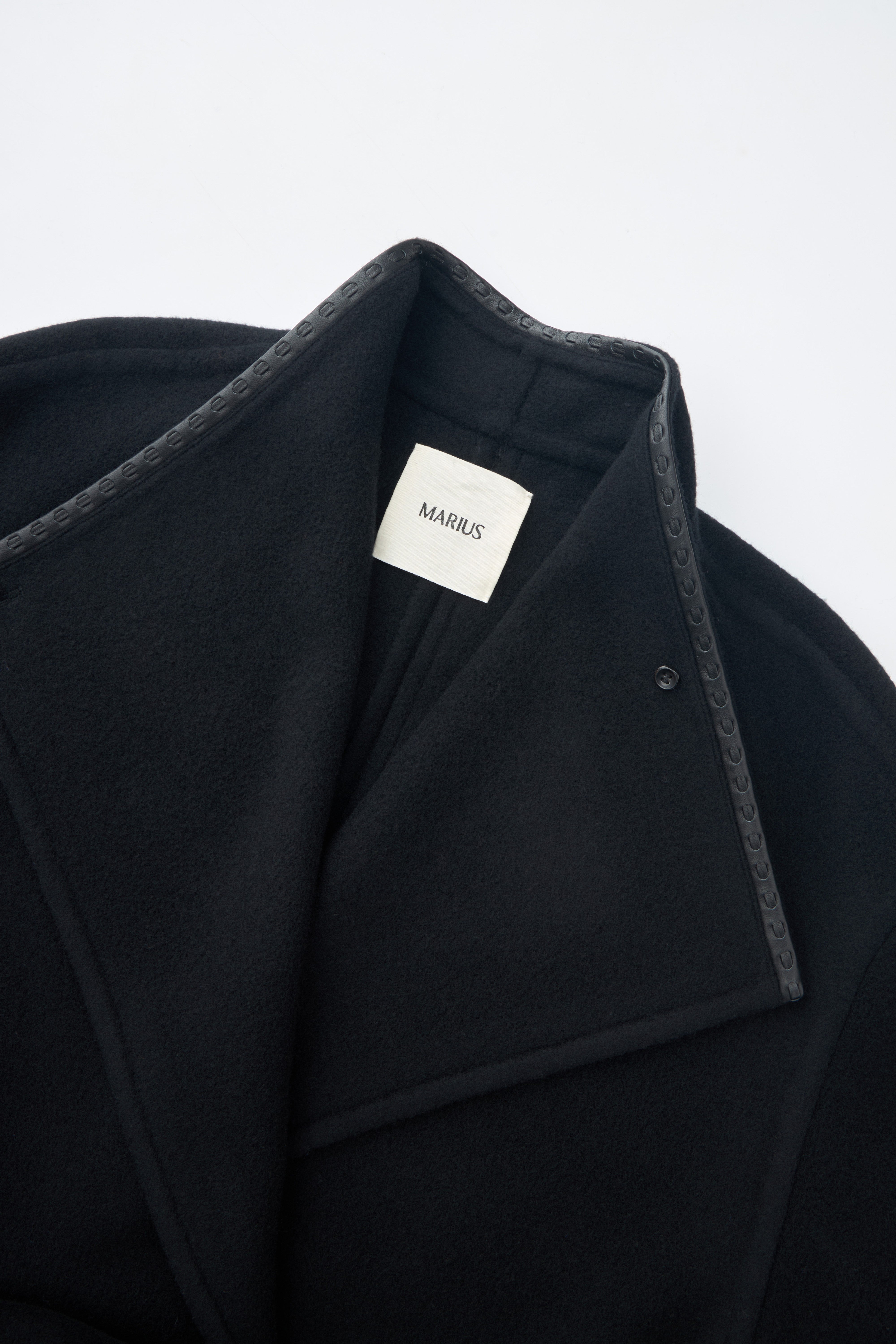 Leather-Trim Belted Pure Wool Wrap Long Coat