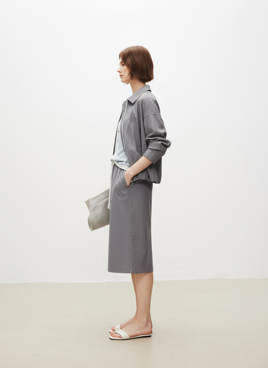 Wool Seersucker Midi Skirt