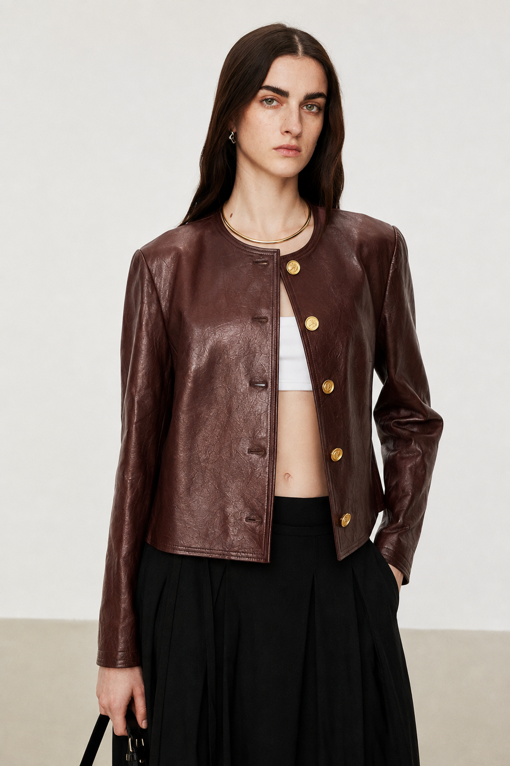 Hand-Pleated Leather Cropped Jacket