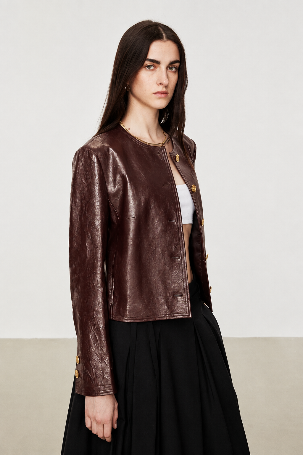 Hand-Pleated Leather Cropped Jacket