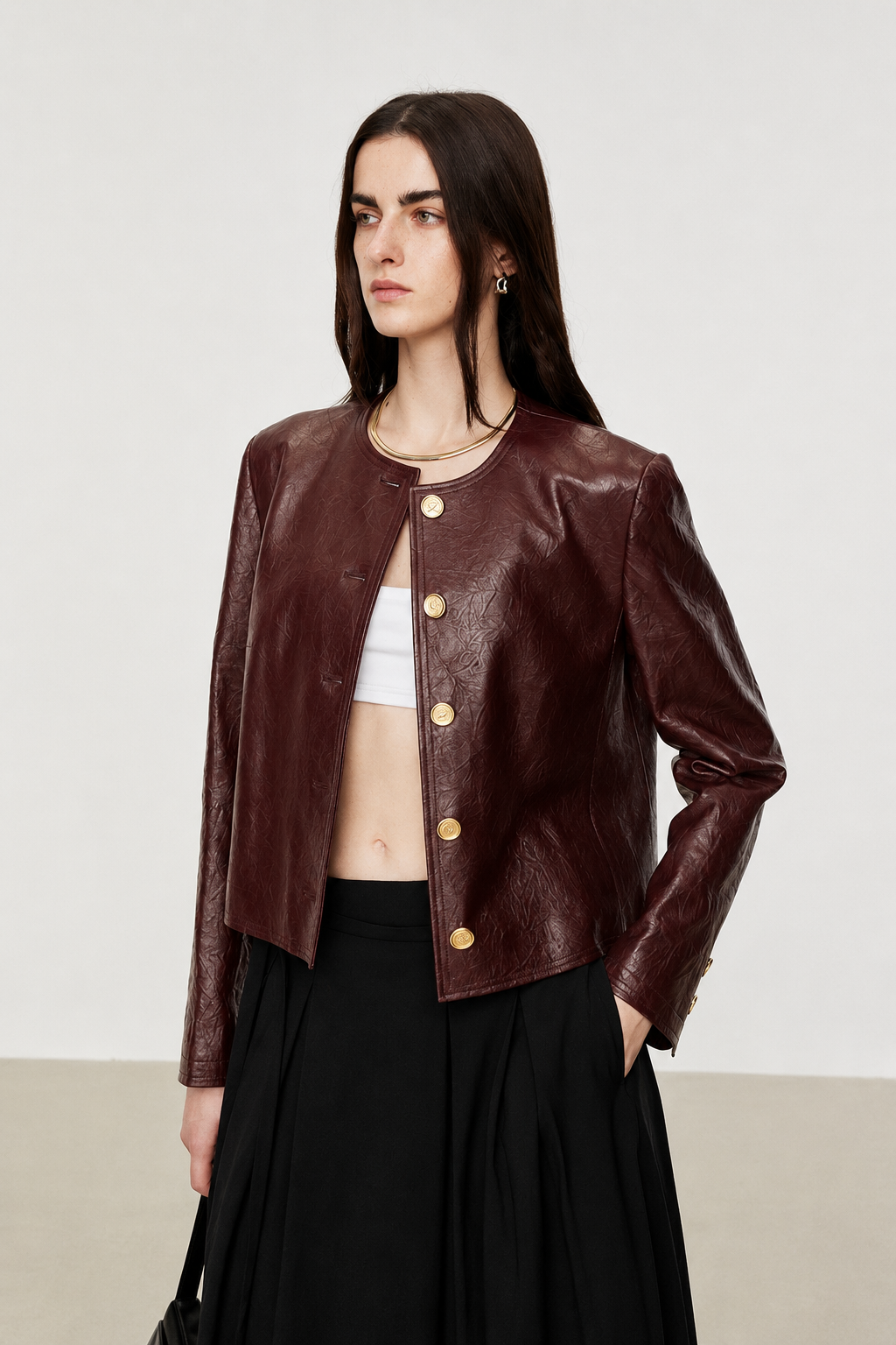 Hand-Pleated Leather Cropped Jacket