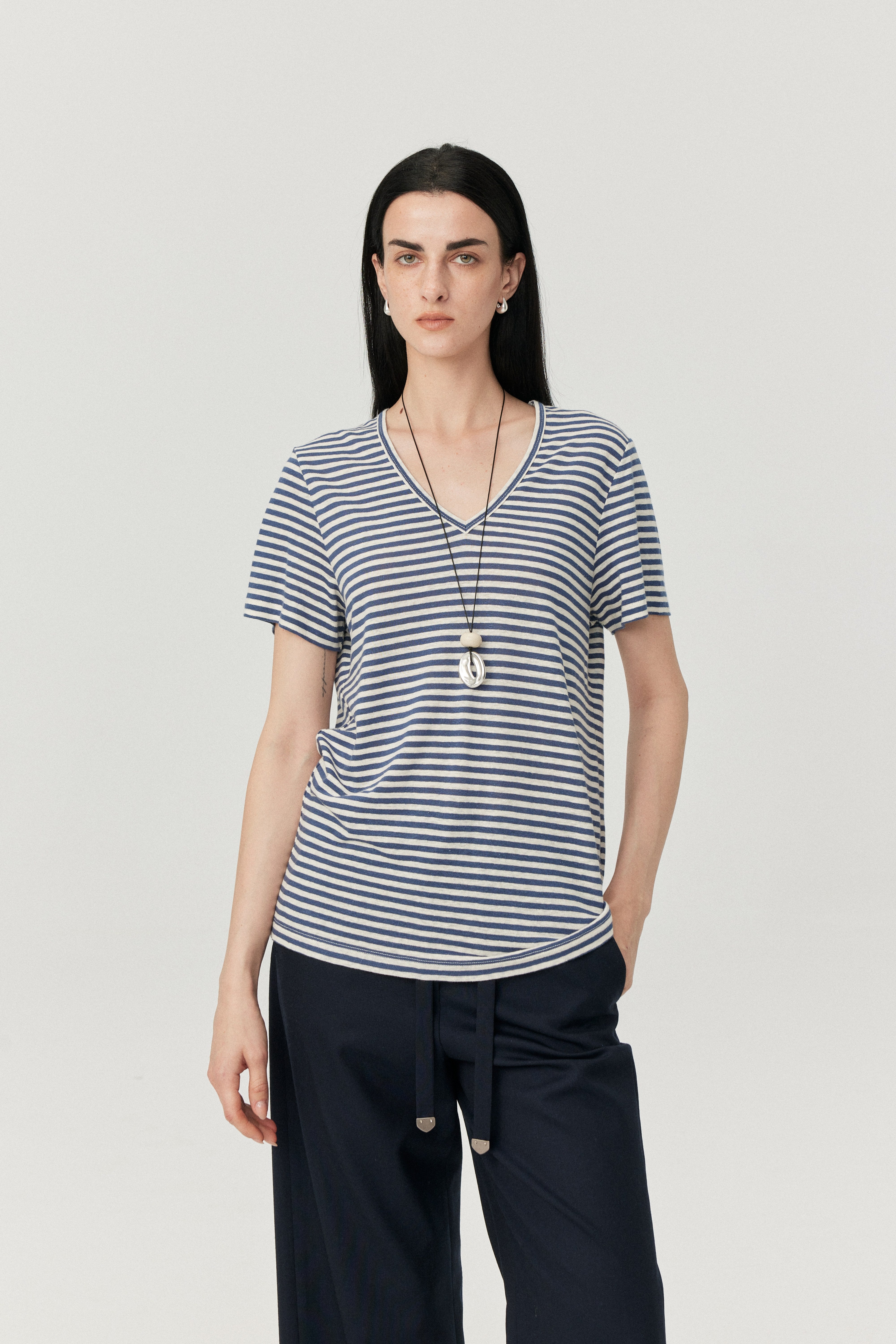 Linen Blend Striped Relaxed T Shirt
