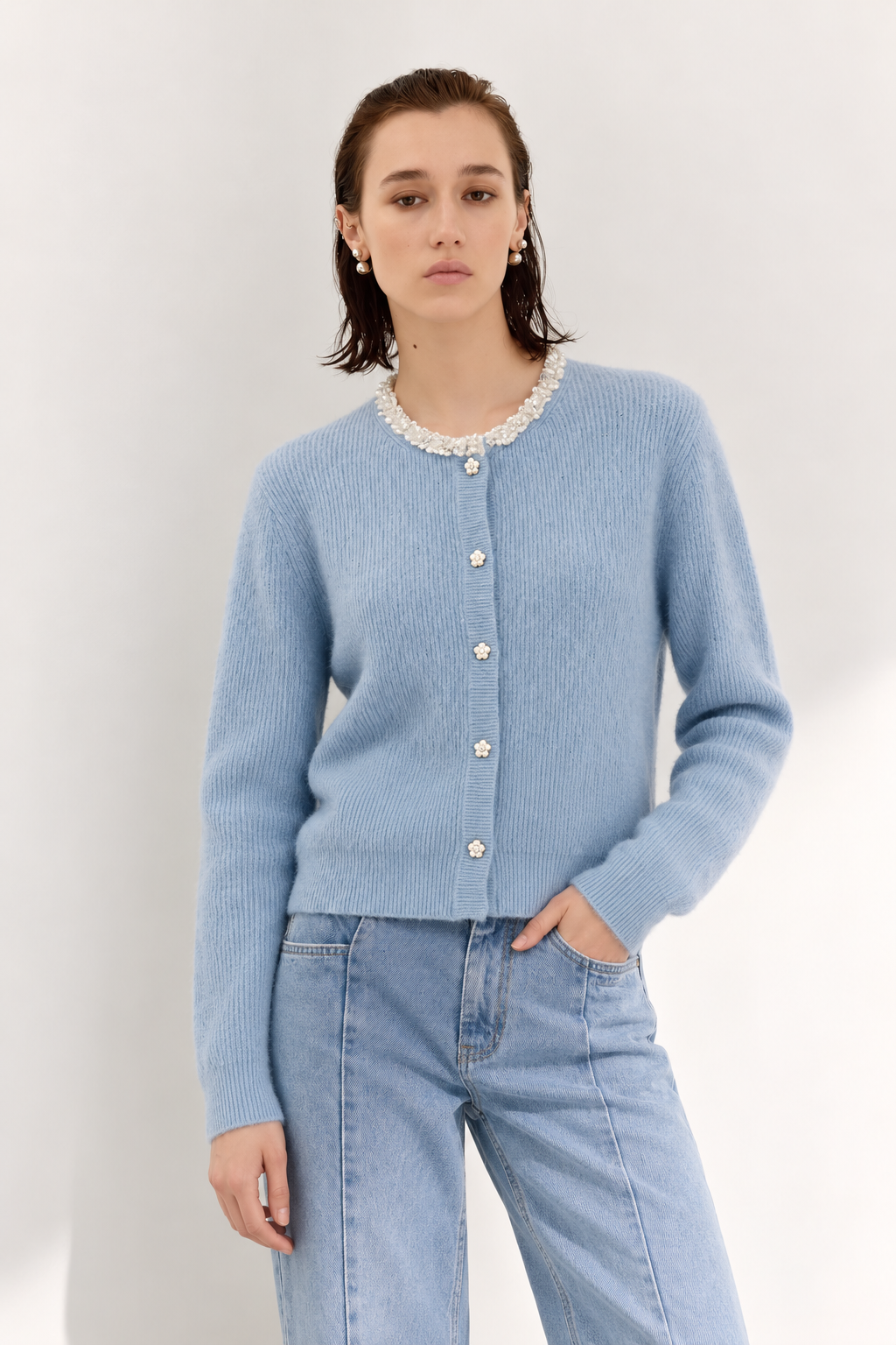 Floral-Trim Wool Blend Cardigan