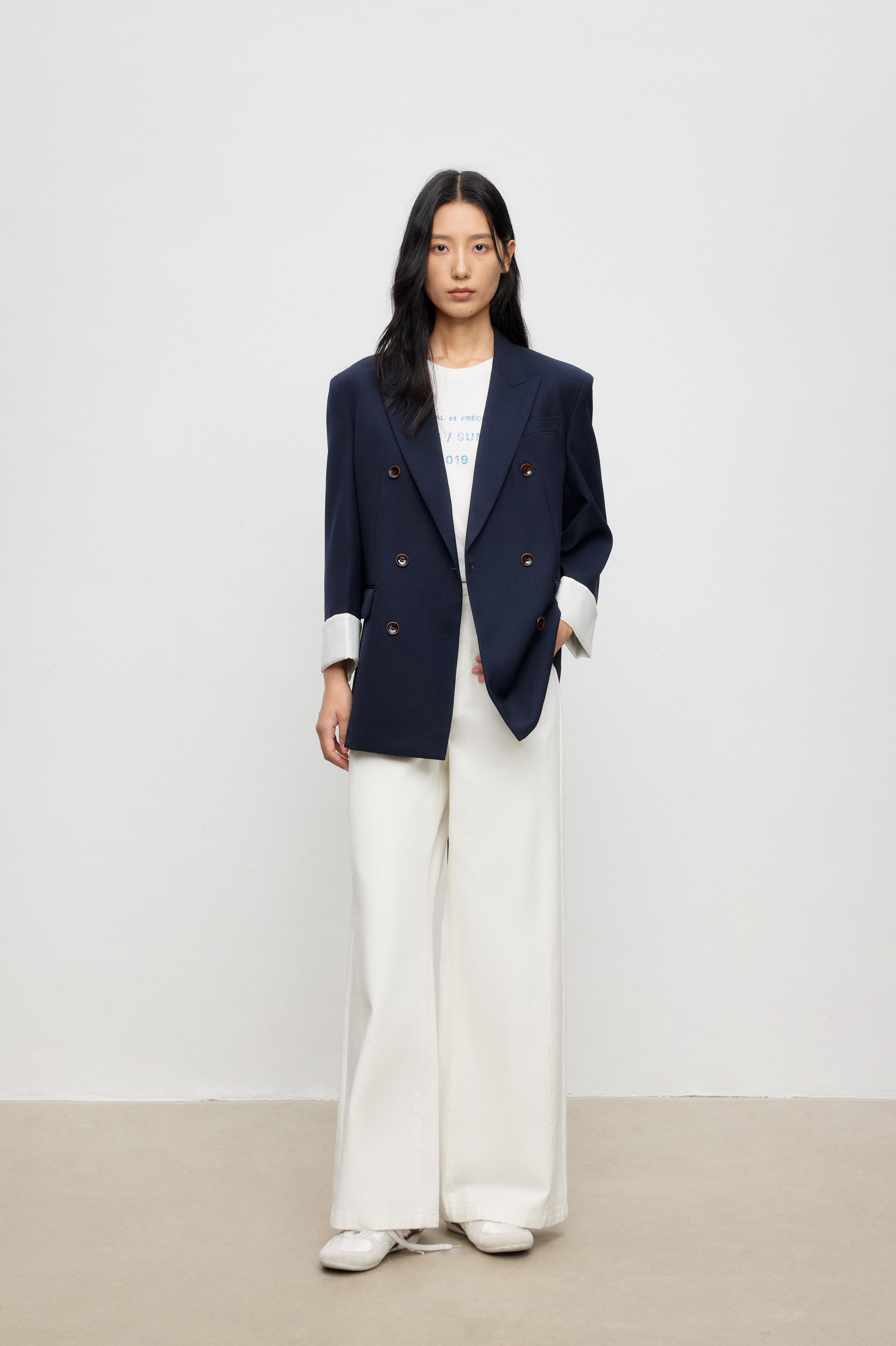 Belted Double-Breasted Structured Wool Blazer with Turn-up Cuffs