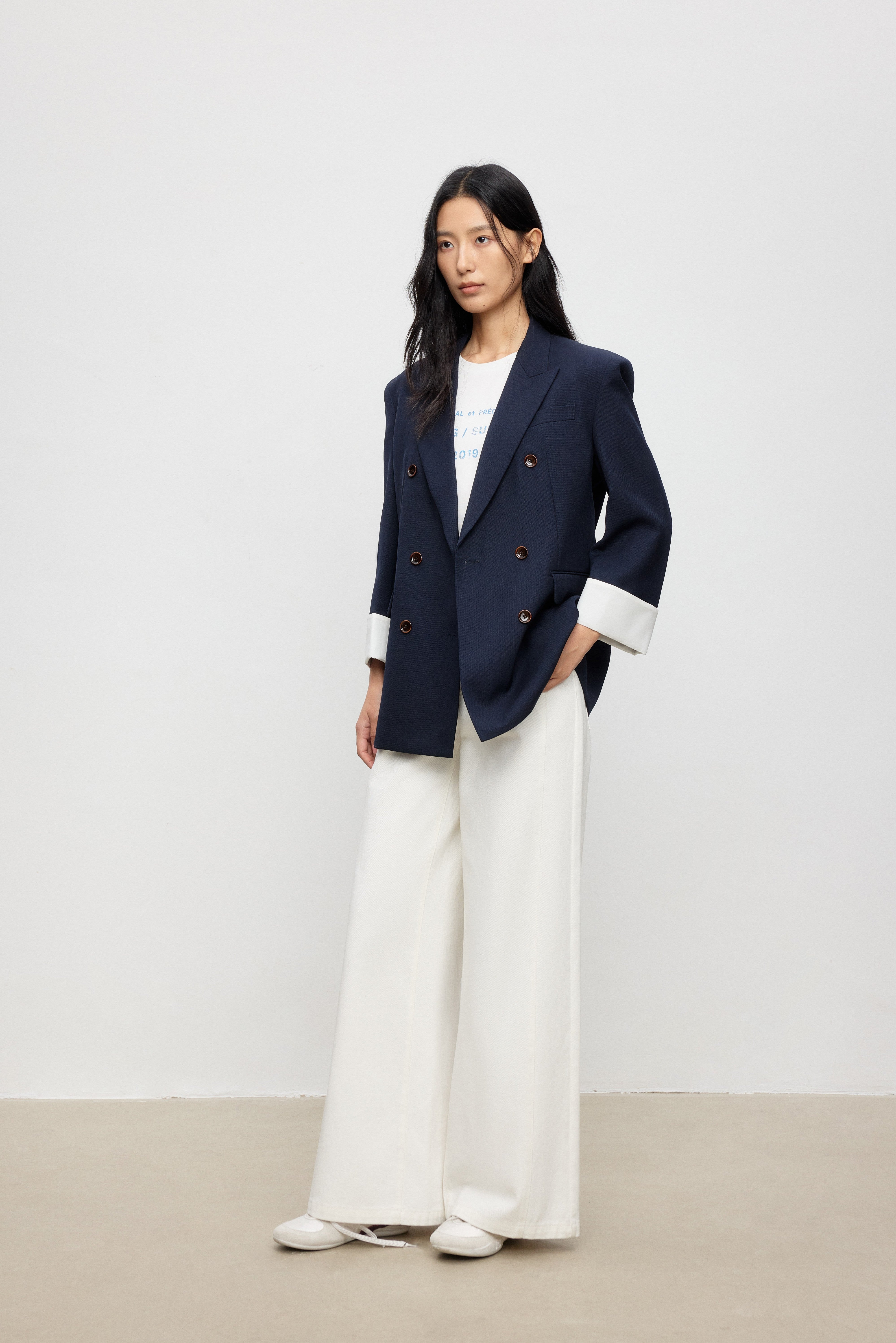 Belted Double-Breasted Structured Wool Blazer with Turn-up Cuffs