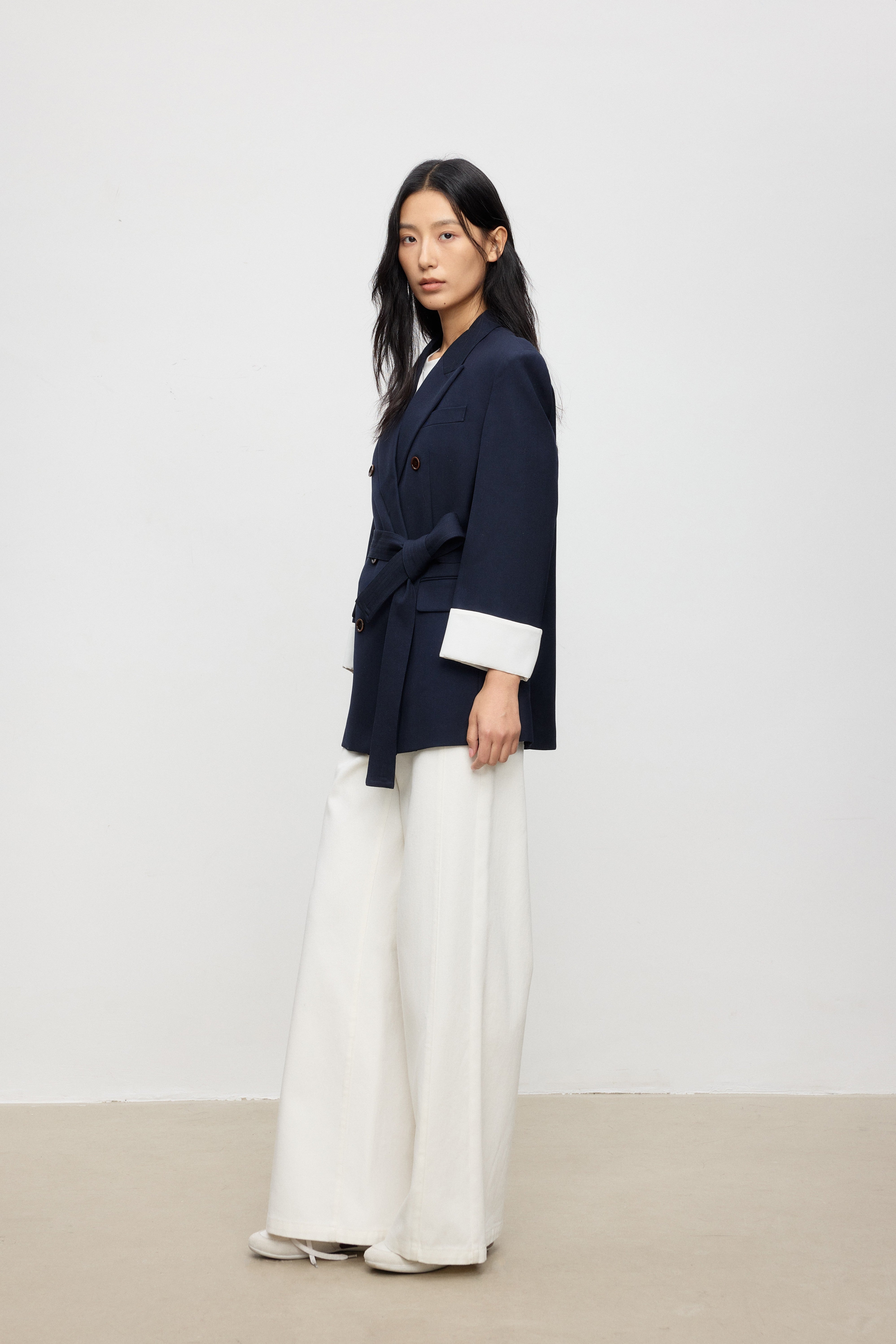 Belted Double-Breasted Structured Wool Blazer with Turn-up Cuffs