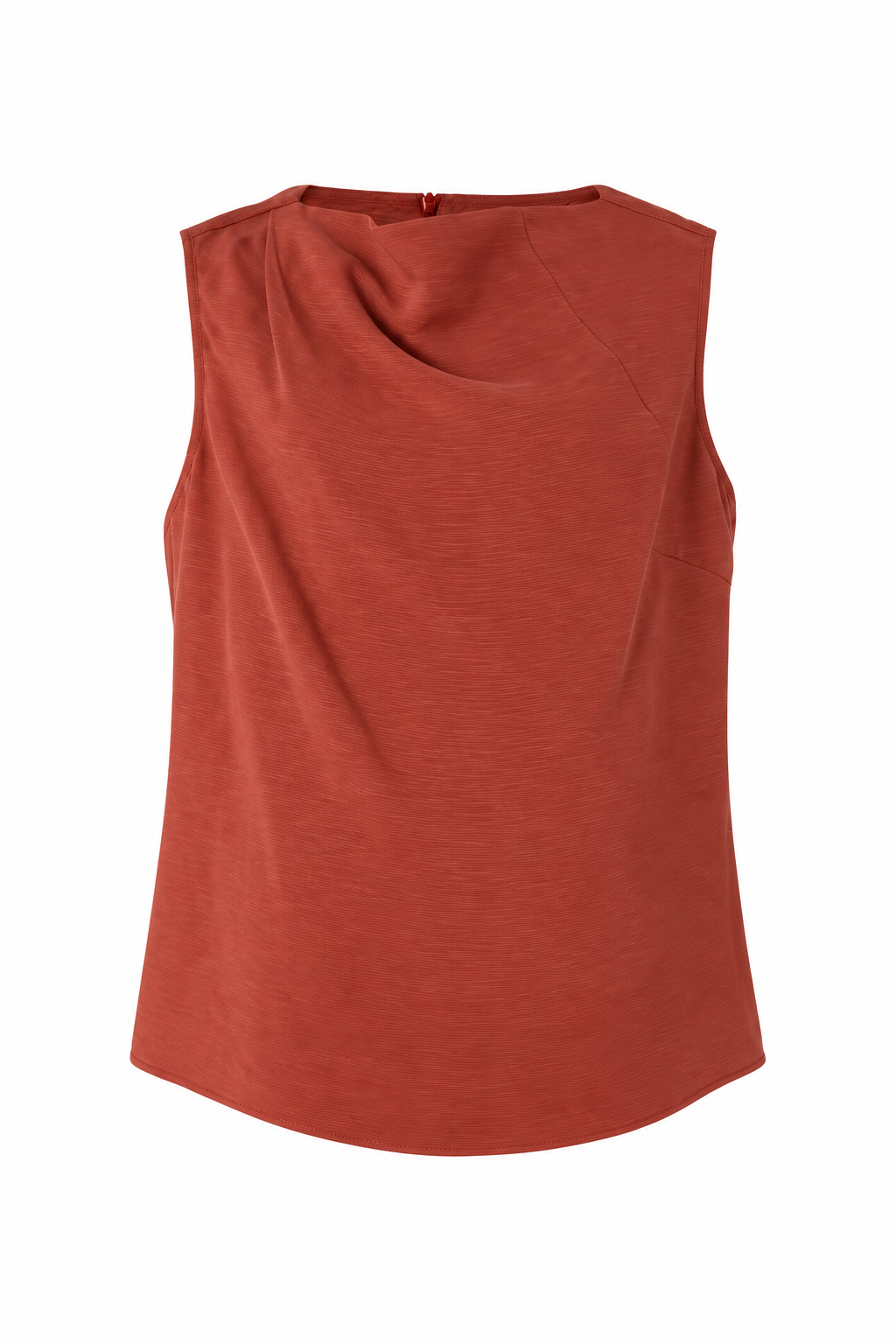 A sleeveless cowl neck top in a rust orange color, shown flat against a white background.