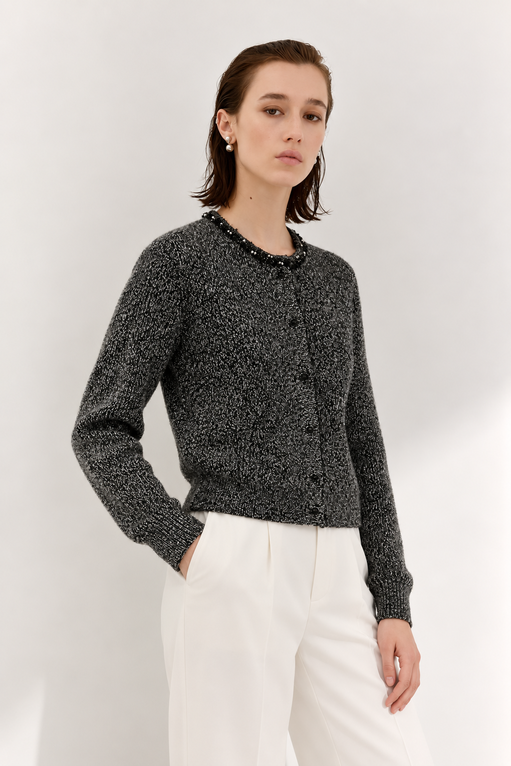 Floral-Trim Wool Blend Cardigan
