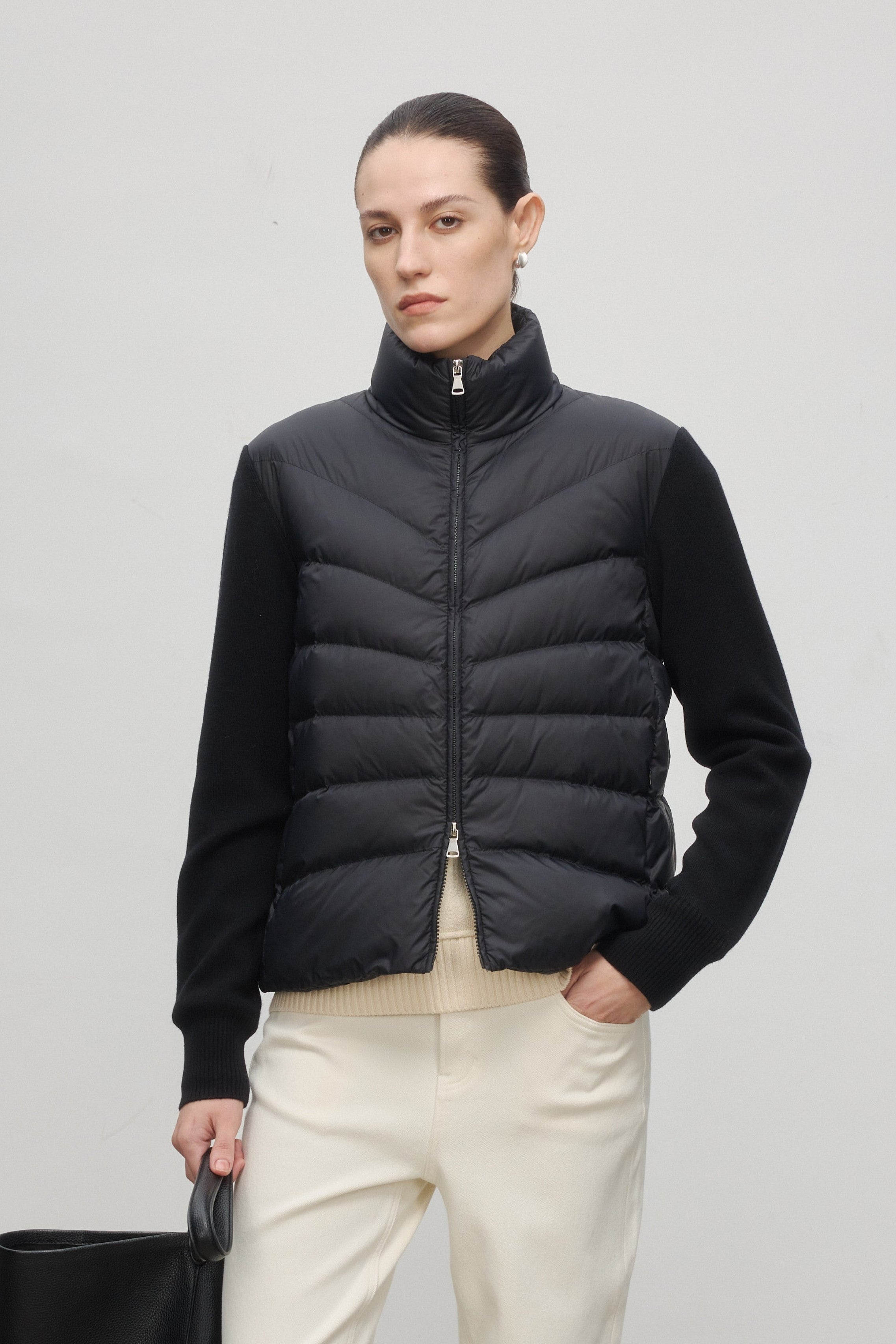 Lightweight Goose Down Knit-Panel Jacket