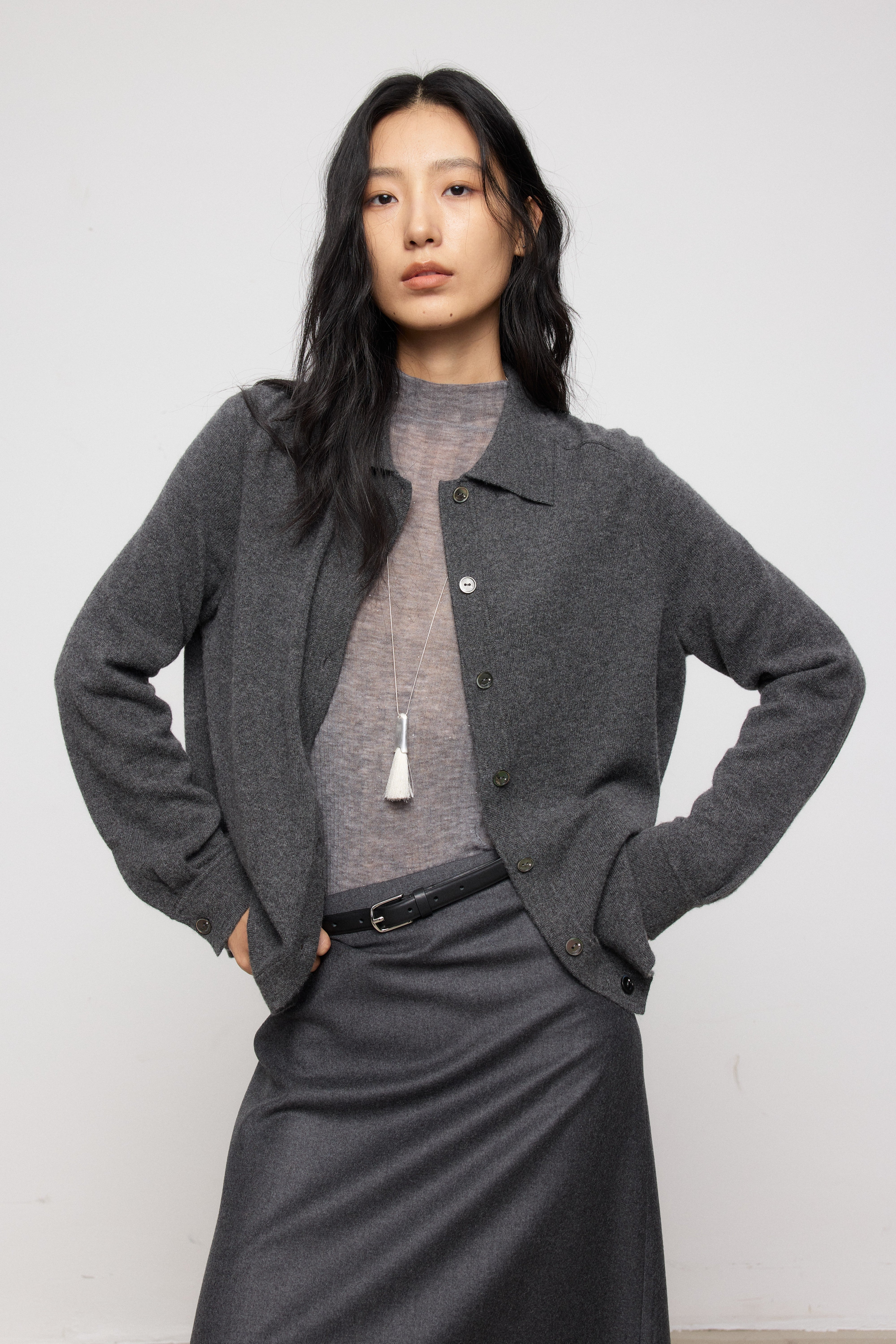 Classic Pure Cashmere Collared Knit Cardigan