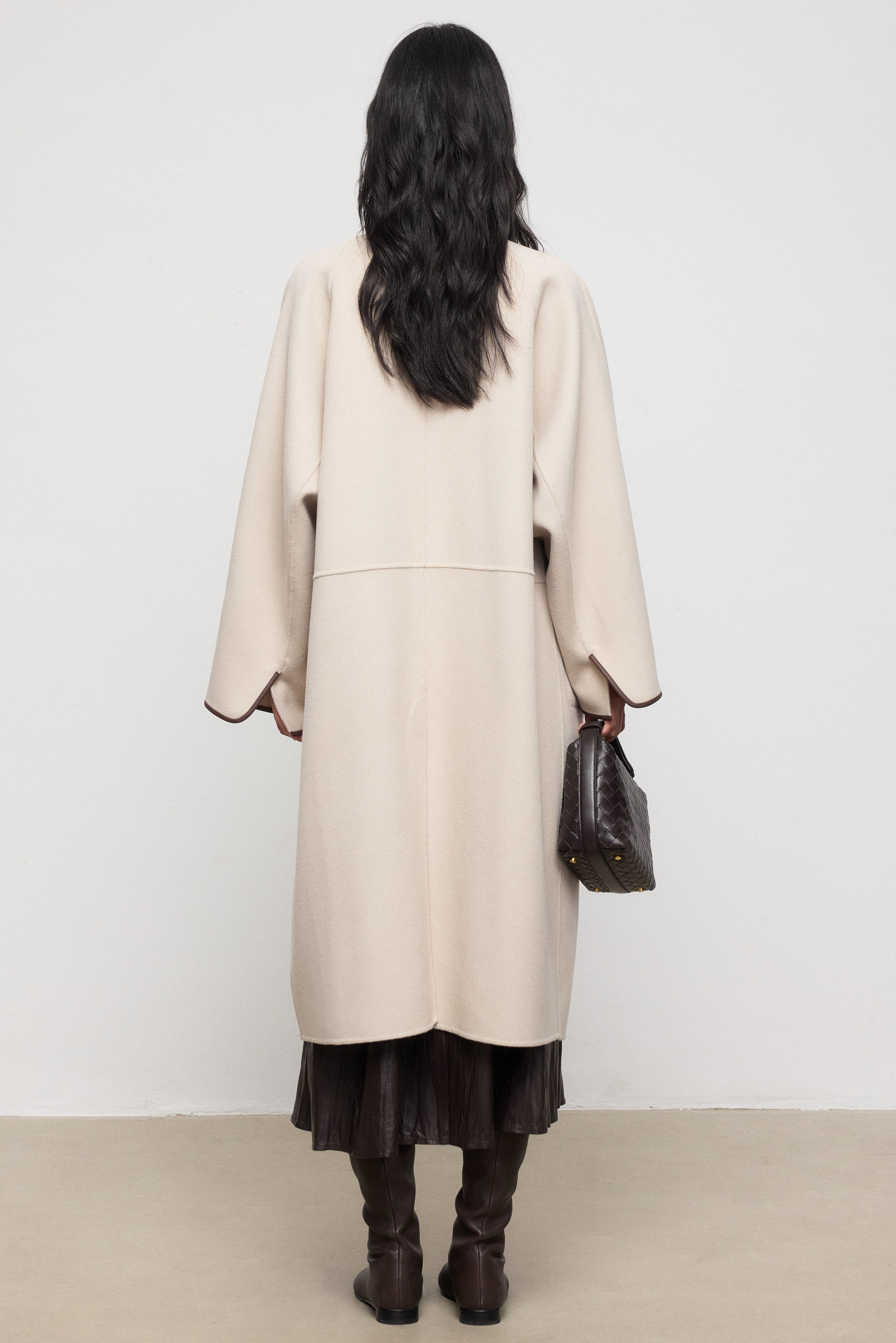 Collarless Wool Coat with Leather-Trim Scarf Detail