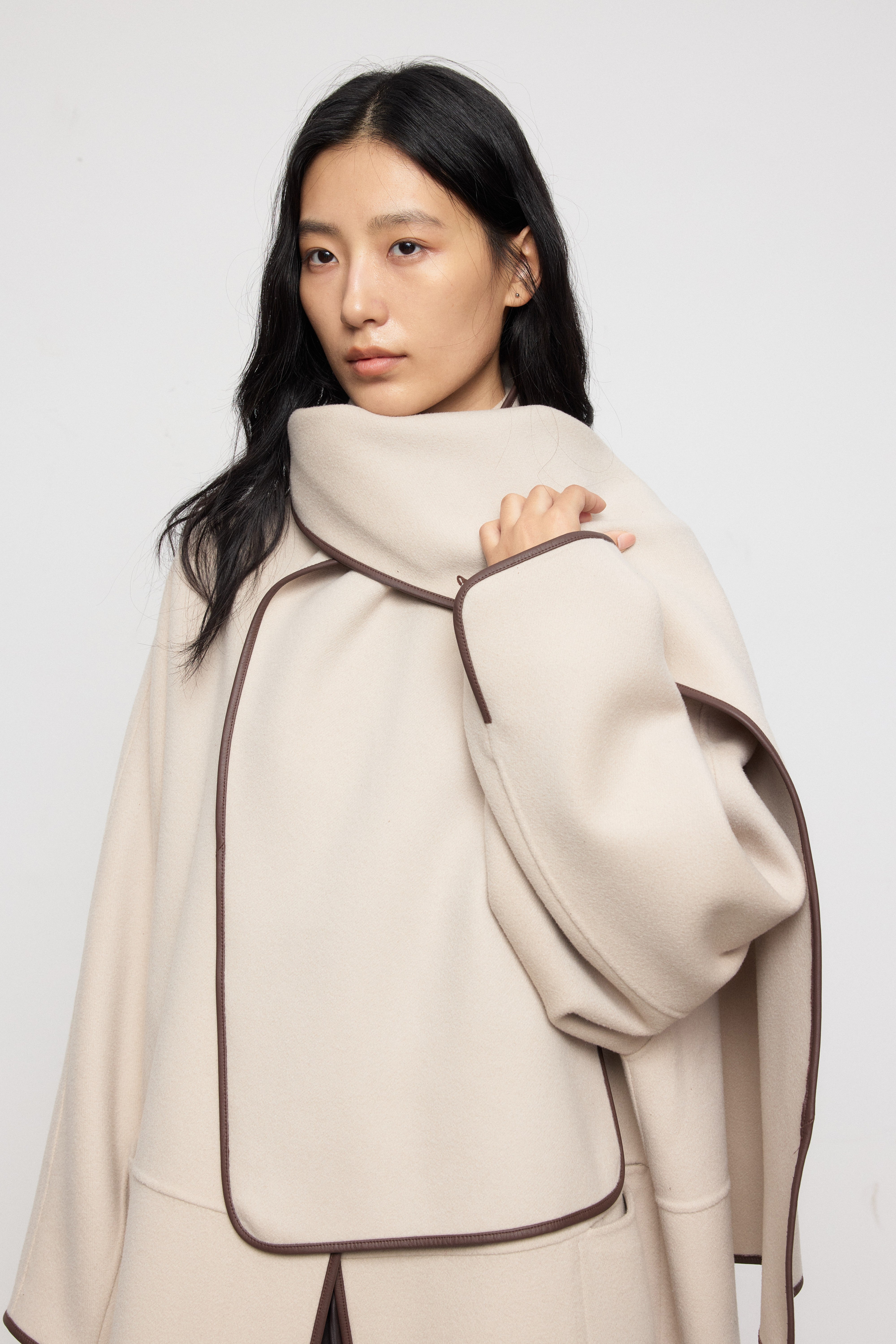Collarless Wool Coat with Leather-Trim Scarf Detail