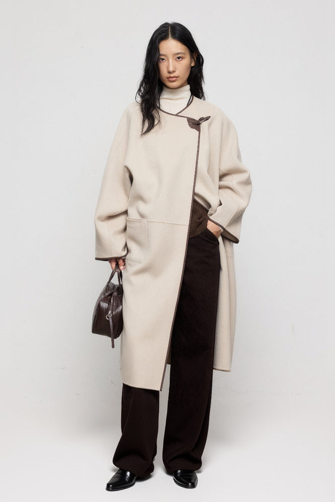Collarless Wool Coat with Leather-Trim Scarf Detail