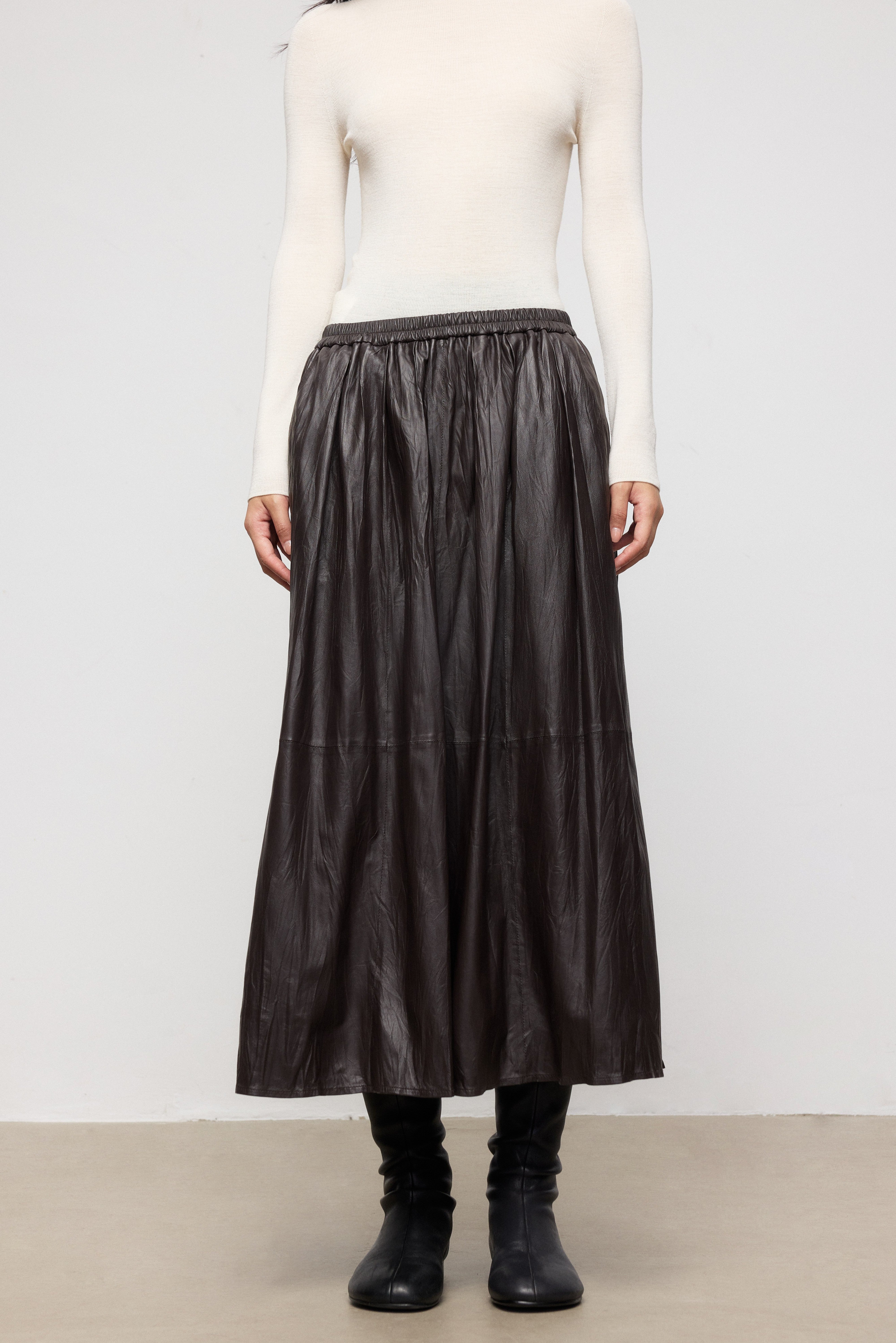 Pleated Leather Midi Skirt