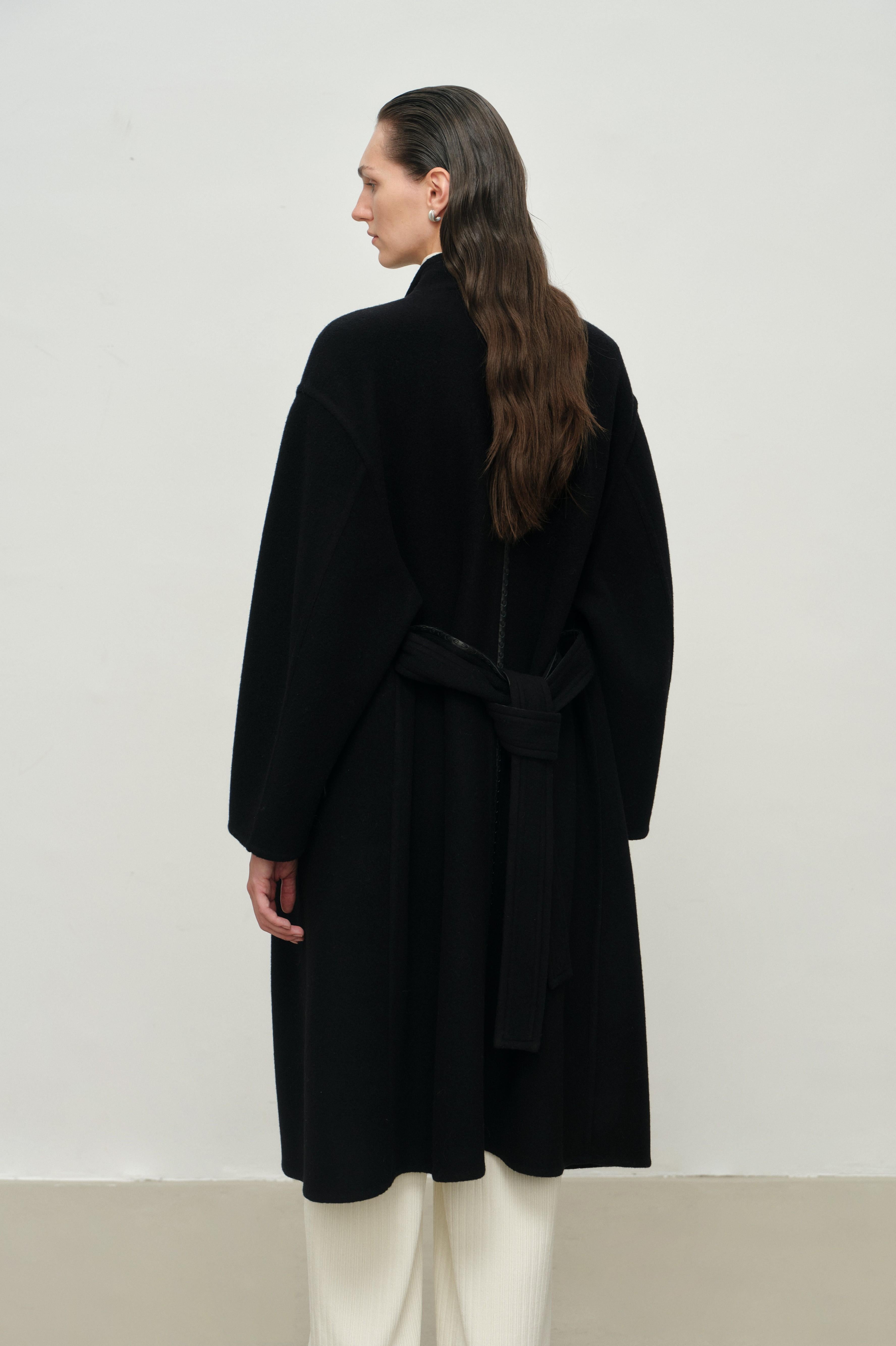 Leather-Trim Belted Pure Wool Wrap Long Coat