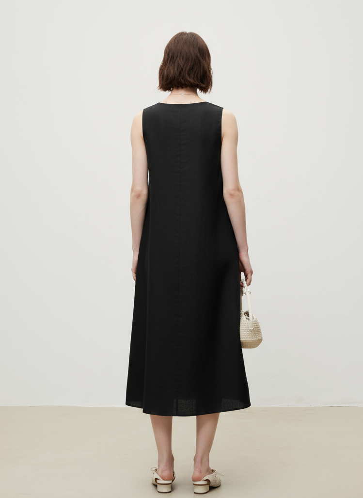 Linen V-Neck Sleeveless V-Neck Midi Dress