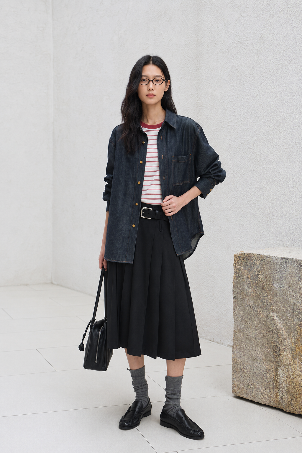 Tailored Pleated Wool Skirt with Belt