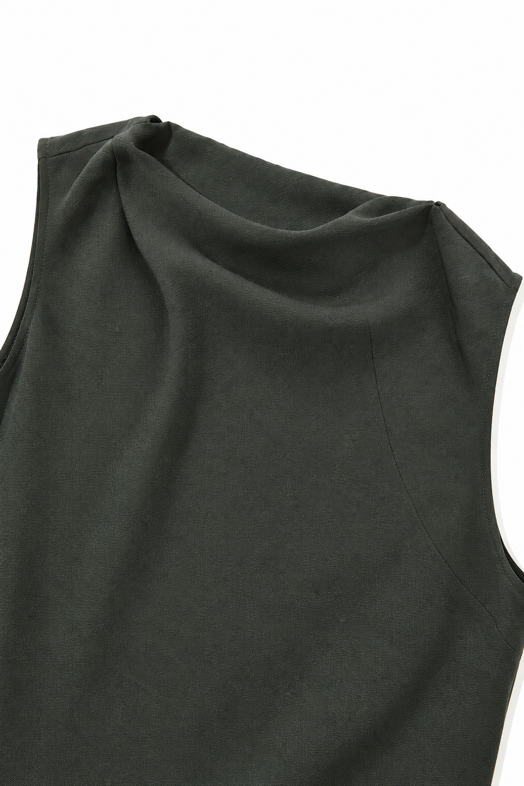 Close-up of a dark olive green sleeveless top showing the shoulder and neckline details against a white background.