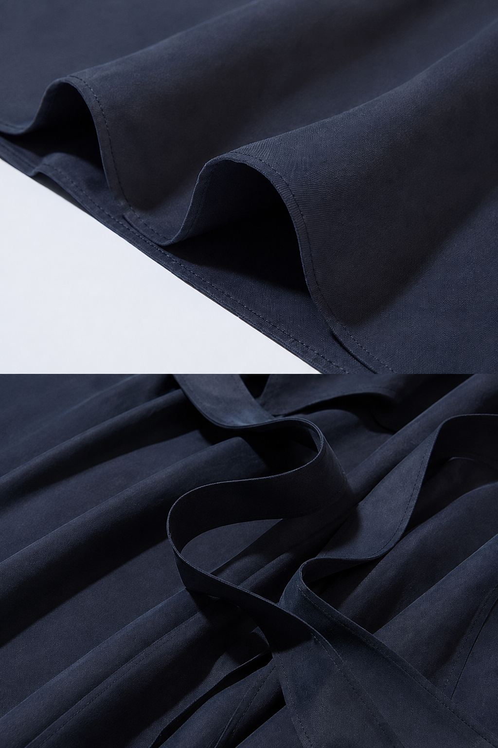 Close-up of dark navy pleated fabric with a tie detail, shown in two stacked detail shots against a white background.