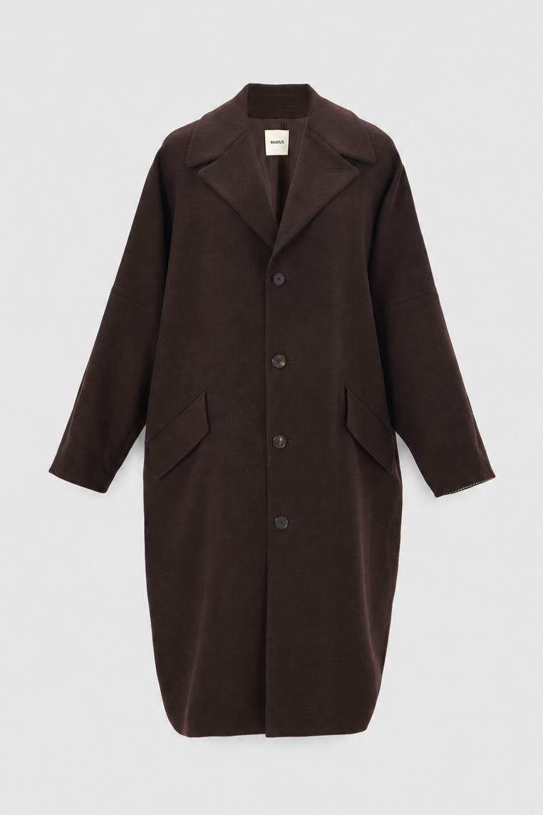 A dark brown wool-blend coat with a notched lapel, front button closure, and large front patch pockets, shown on a light gray background.