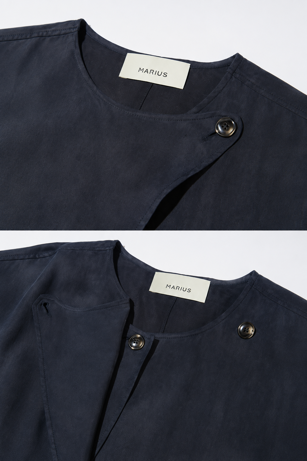 Close-up of a dark navy blue garment with a round neckline, decorative metal buttons, and a visible HARIUS neck label, shown in two stacked views on a light gray background.