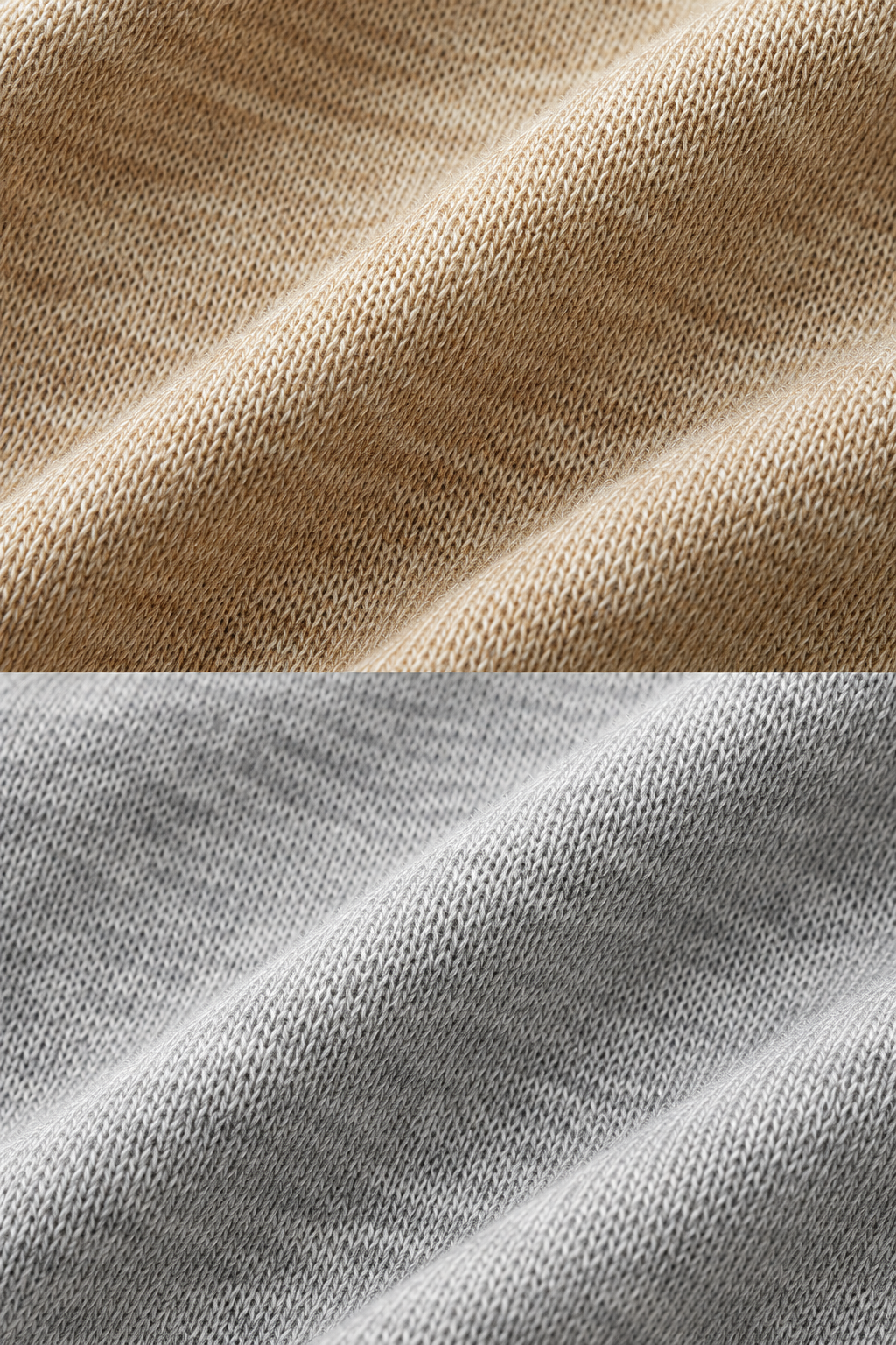 Two close-up fabric swatches with visible knit texture: a warm beige/tan swatch on the top half and a light gray swatch on the bottom half.