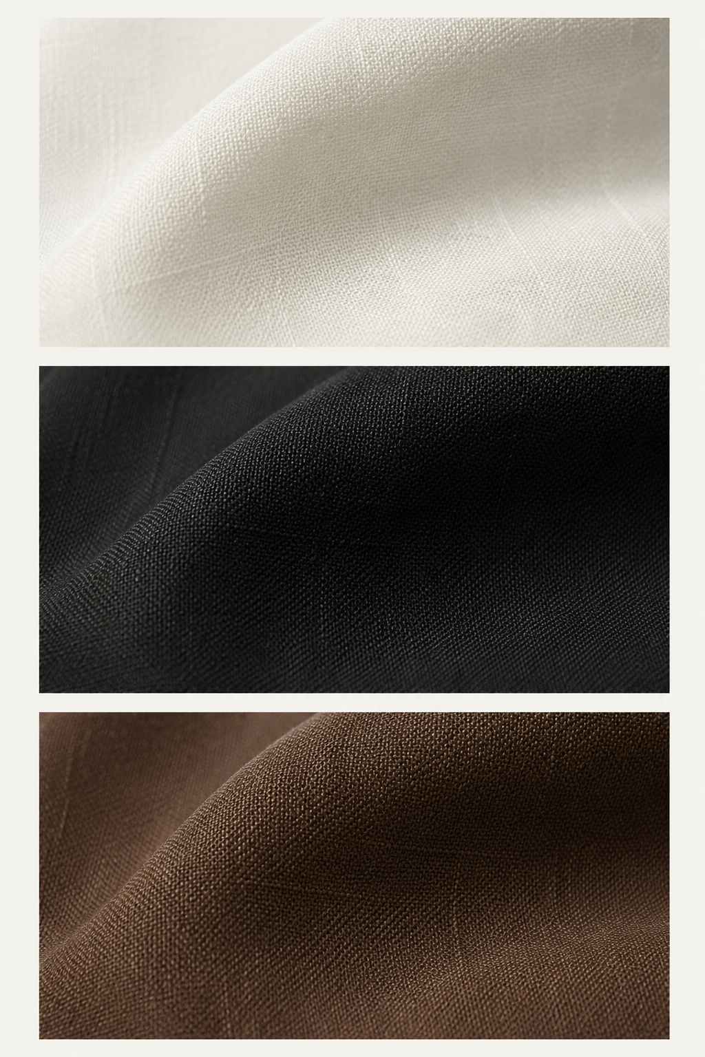 Three fabric swatches shown vertically: a light warm off-white/cream textile at the top, a very dark charcoal-black textile in the middle, and a medium brown textile at the bottom. Each panel shows the material texture and drape.