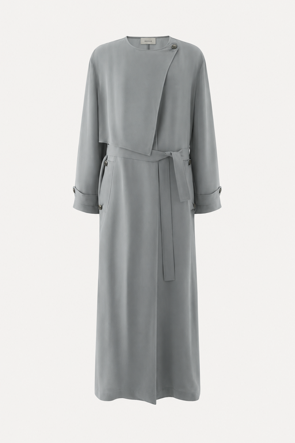 A light gray wrap-style midi dress with a tie belt at the waist, shown against a plain light gray background.