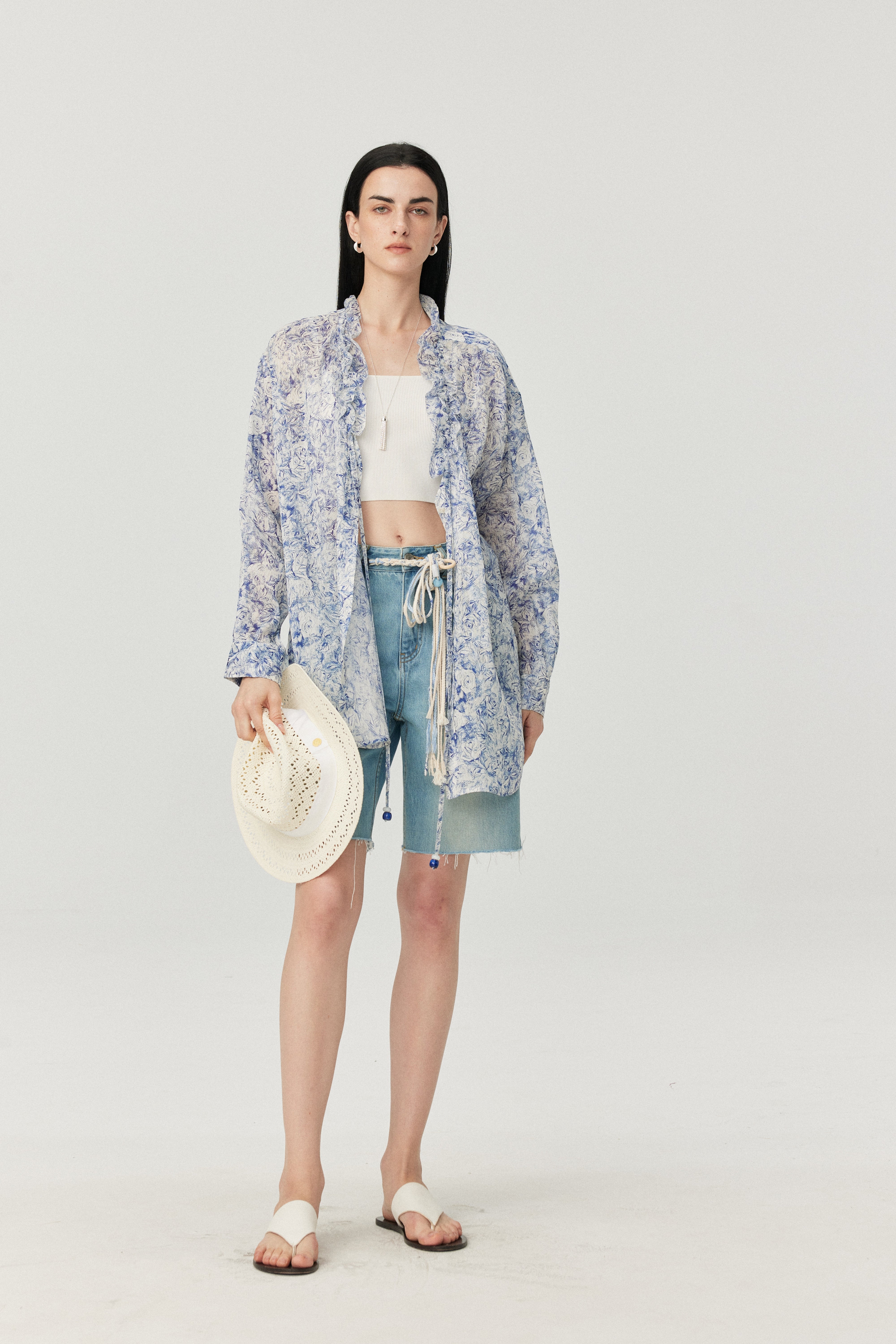 Silk Linen Blend Blue Botanical Printed Shirt