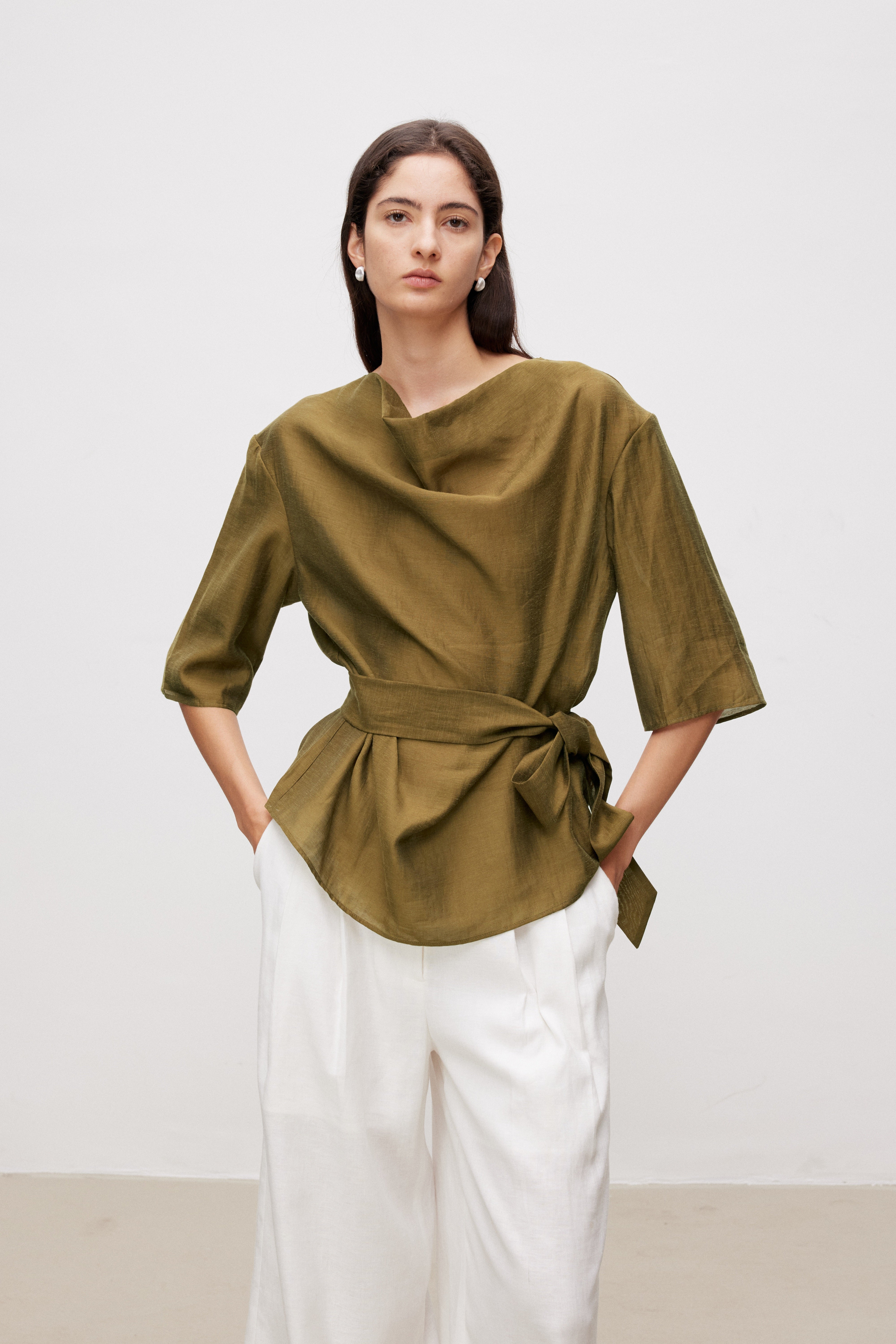 Draped Neck Linen Blend Top with Tie Belt