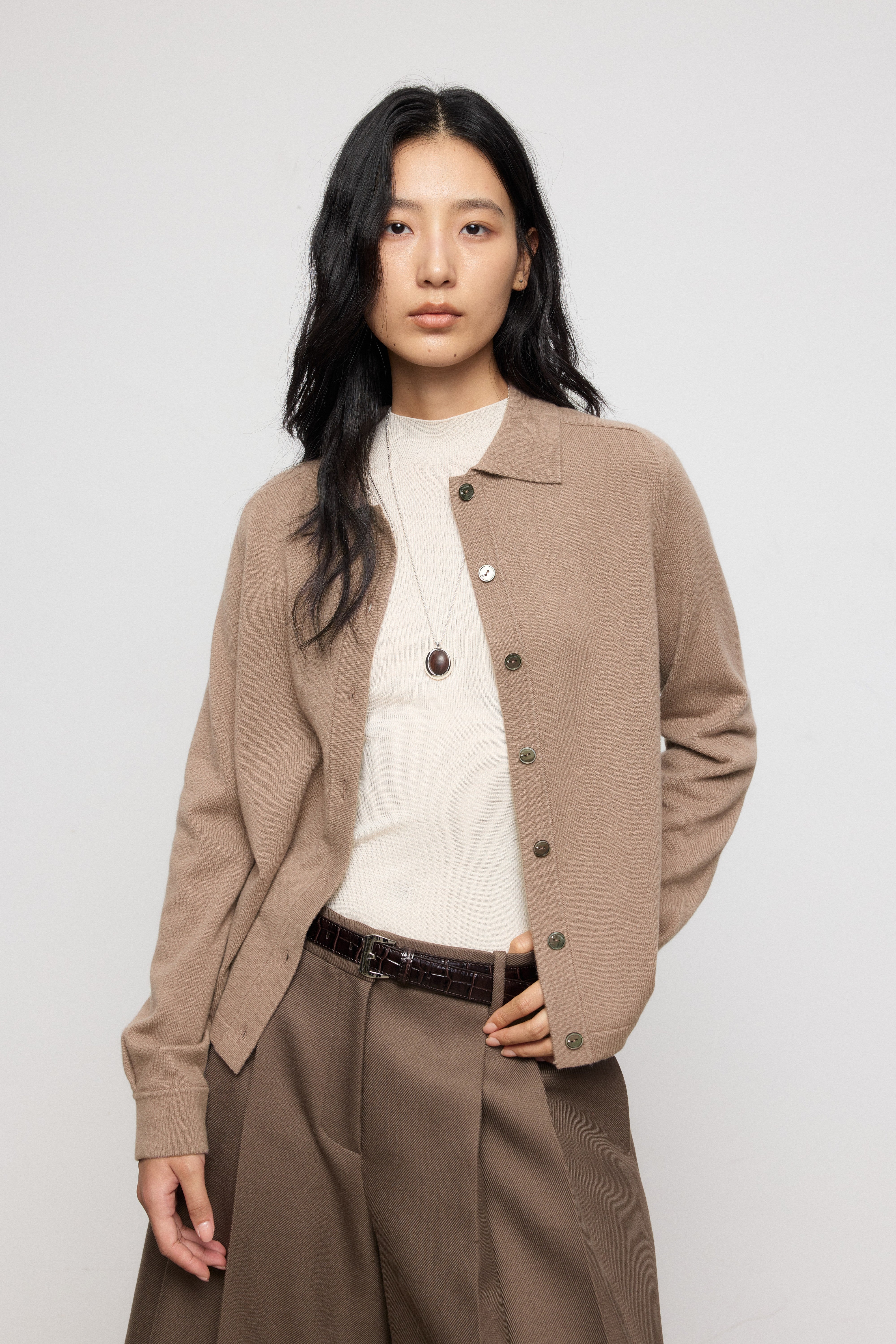 Classic Pure Cashmere Collared Knit Cardigan