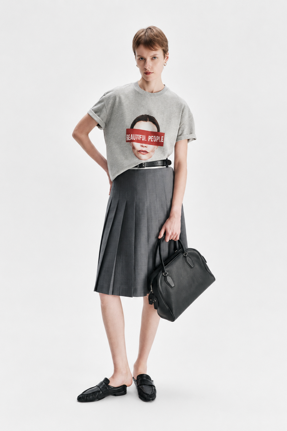 Contrast Waist Wool-Blend Pleated Skirt