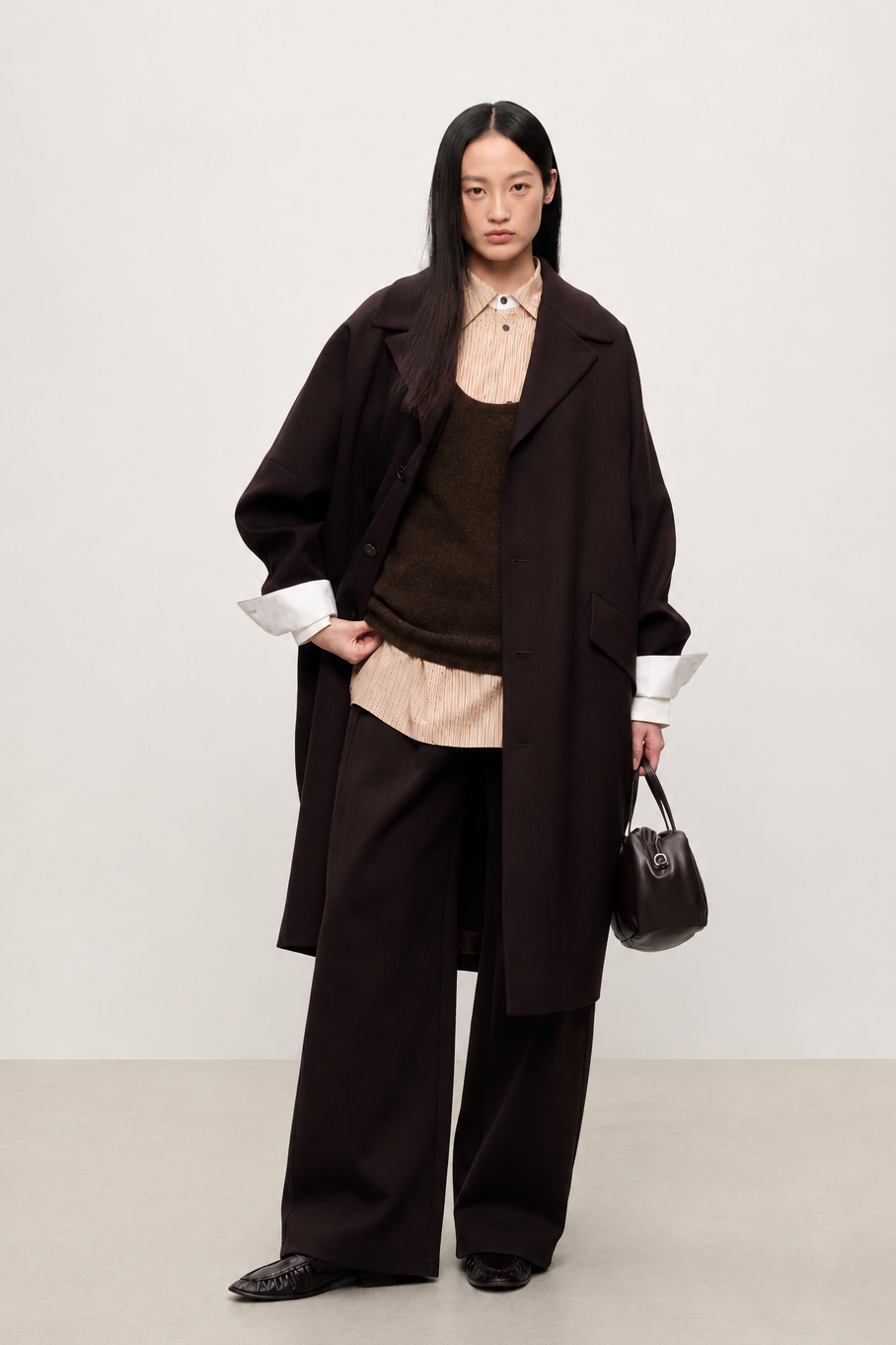 A model stands in a studio wearing an oversized dark brown coat over a brown top, beige shirt, and wide-leg dark trousers, holding a small dark handbag.