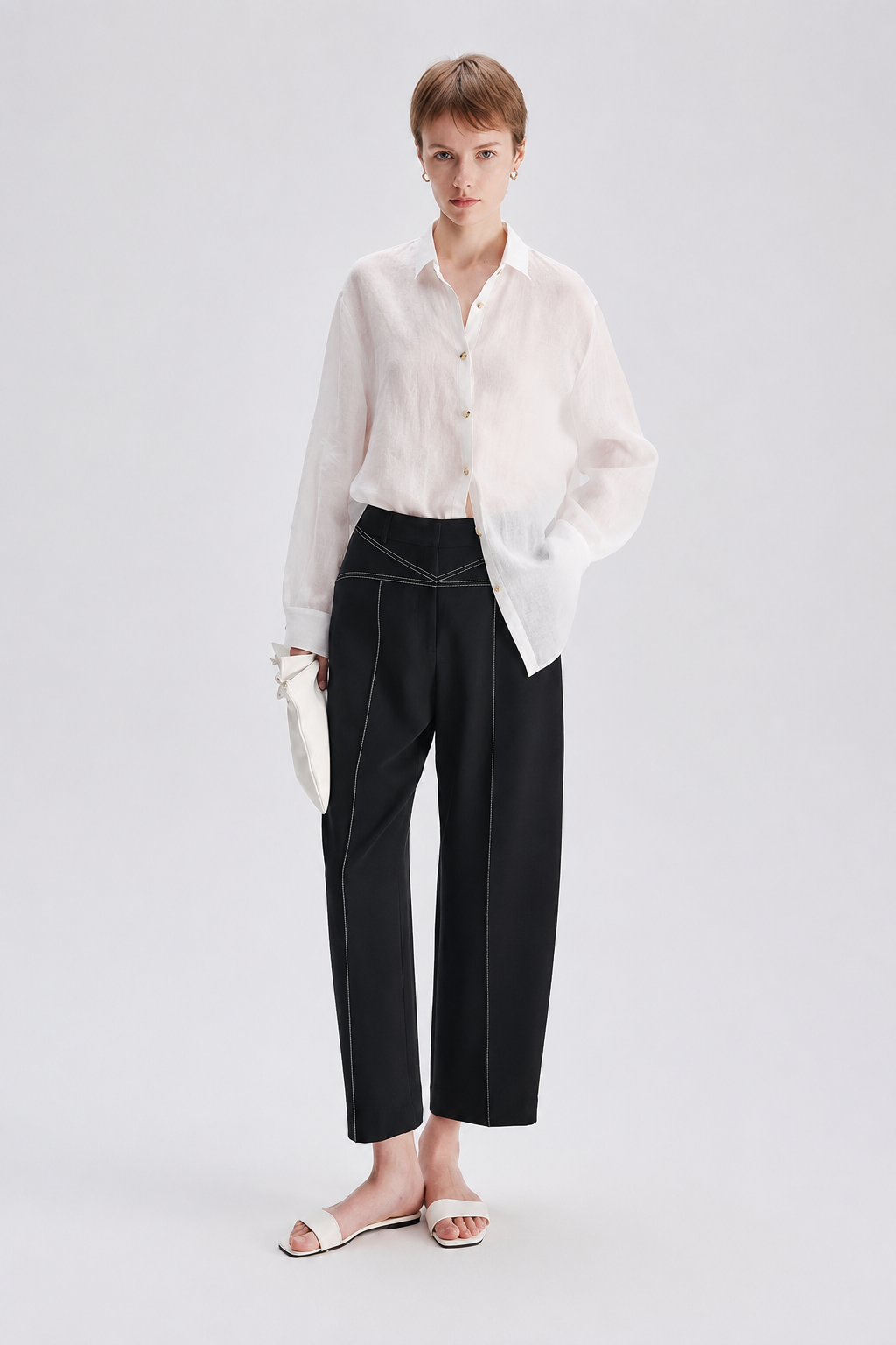 Contrast Stitch Barrel-Leg Trousers