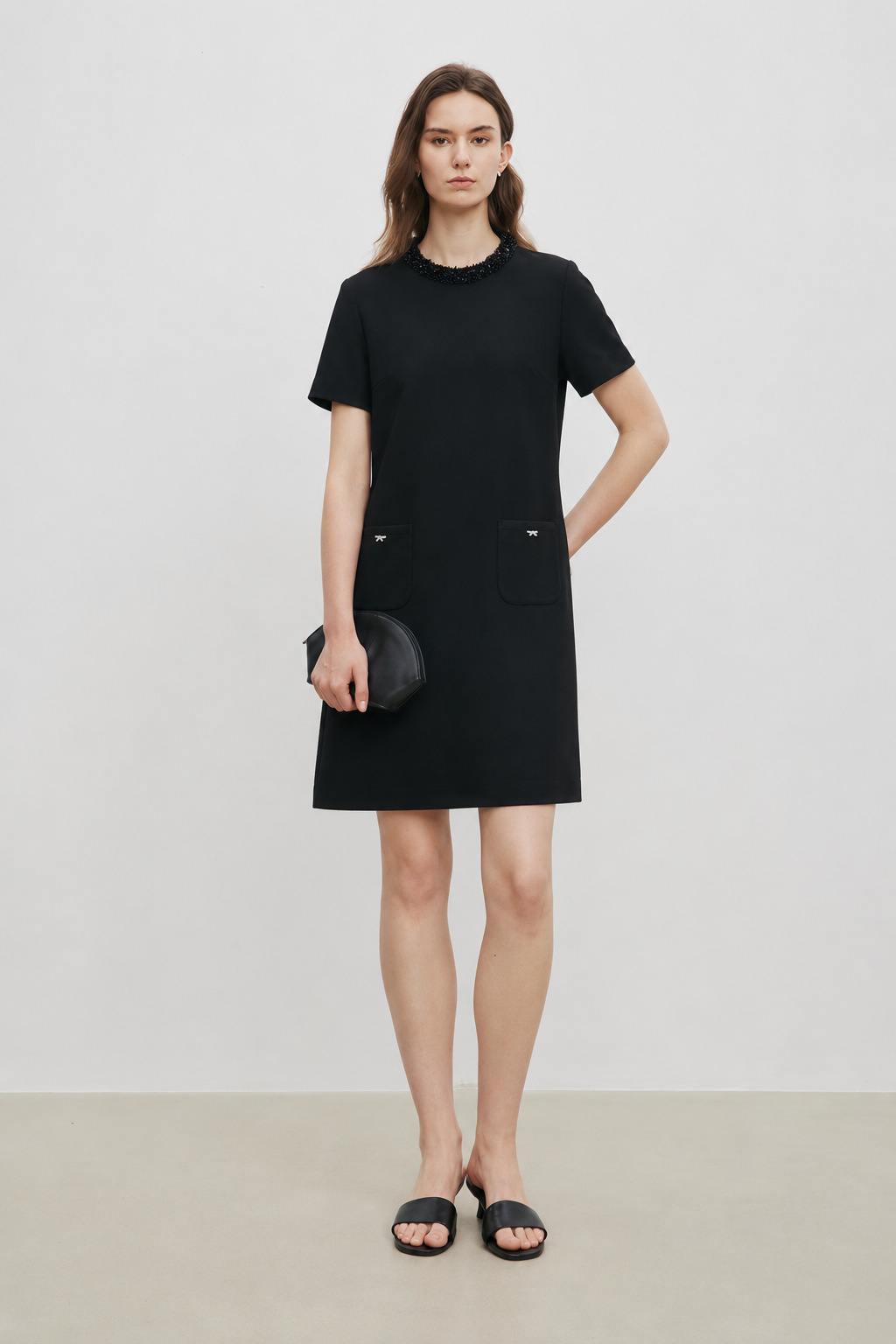 Wool-Silk Blend Embellished Collar Mini Dress