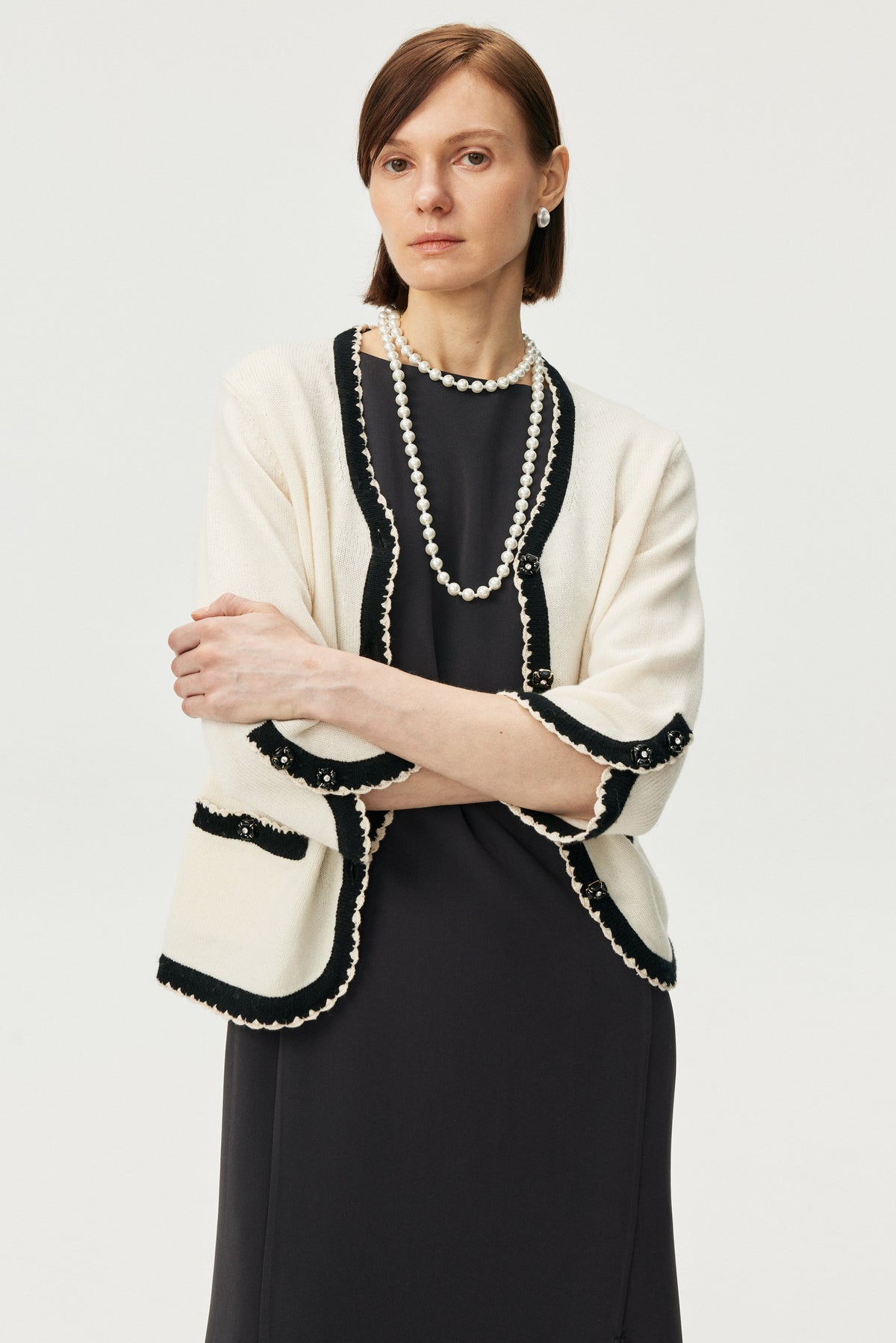 Wool-Cashmere Contrast Trim Cardigan