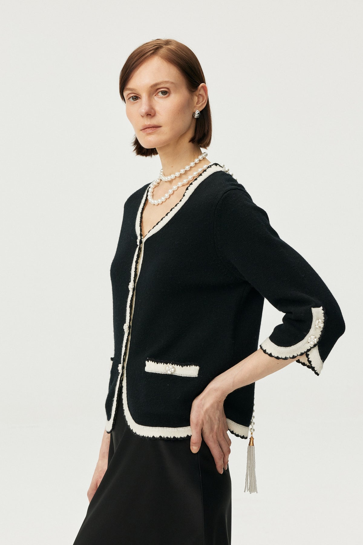 Wool-Cashmere Contrast Trim Cardigan